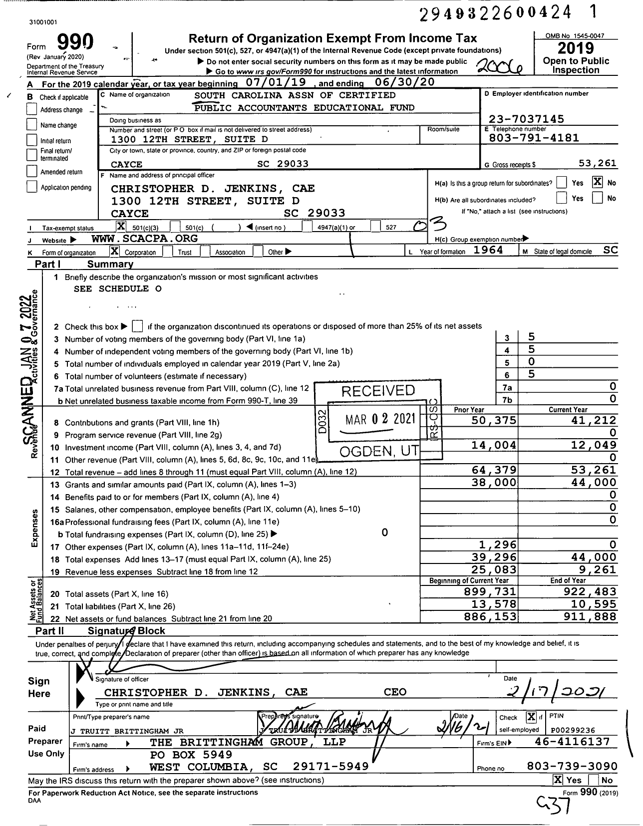 Image of first page of 2019 Form 990 for South Carolina Association of Cpas Educational Fund