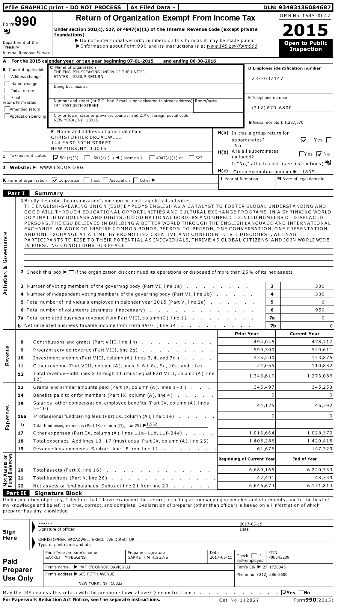 Image of first page of 2015 Form 990 for The English-Speaking Union of the United States - Group Return