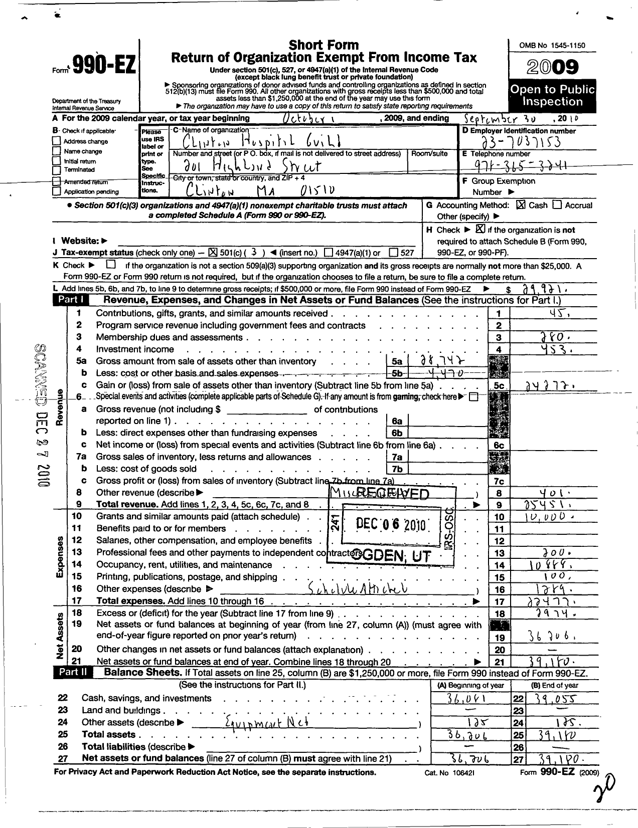 Image of first page of 2009 Form 990EZ for Clinton Hospital Guild
