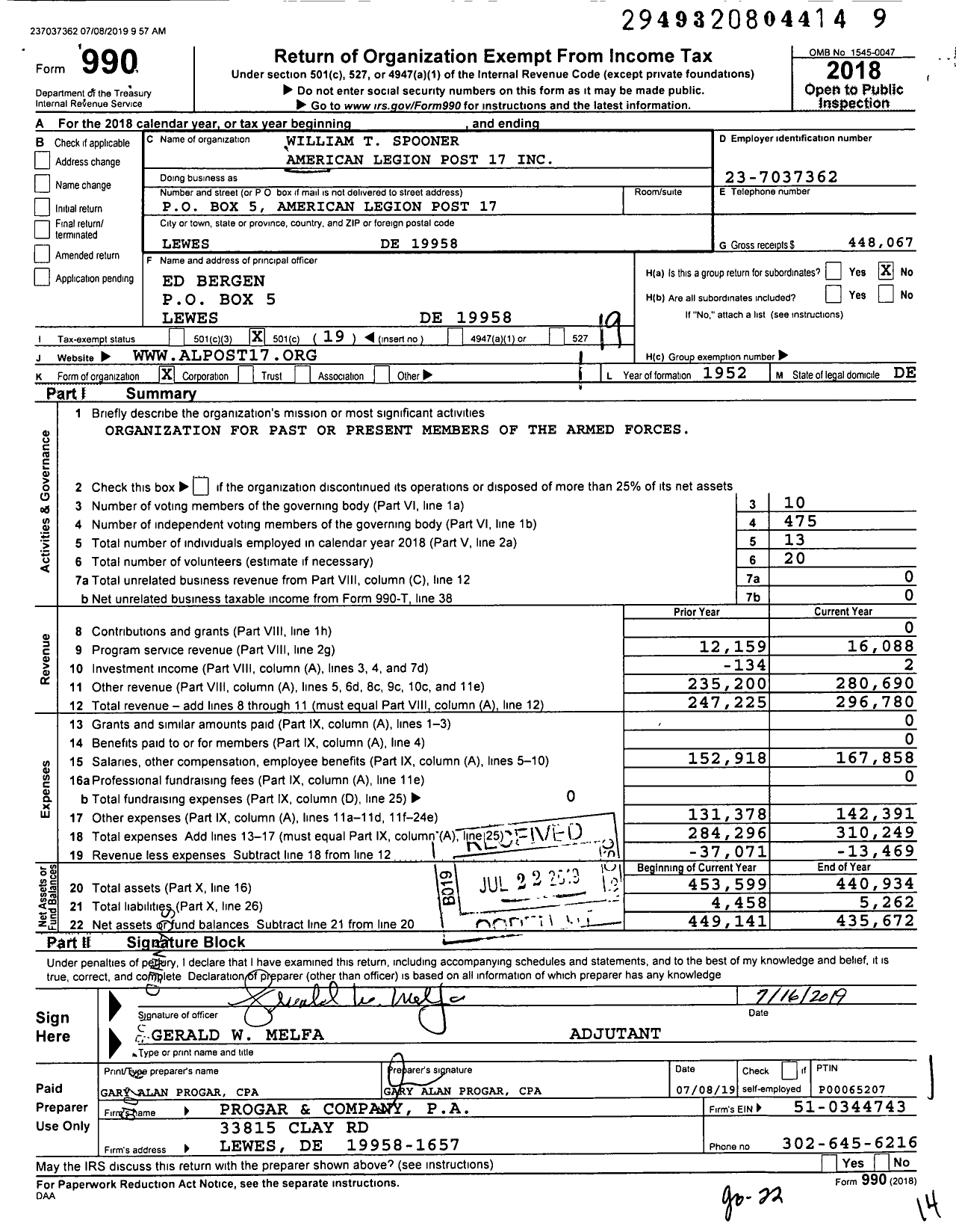 Image of first page of 2018 Form 990O for American Legion - 17 William T Spooner Inc Post