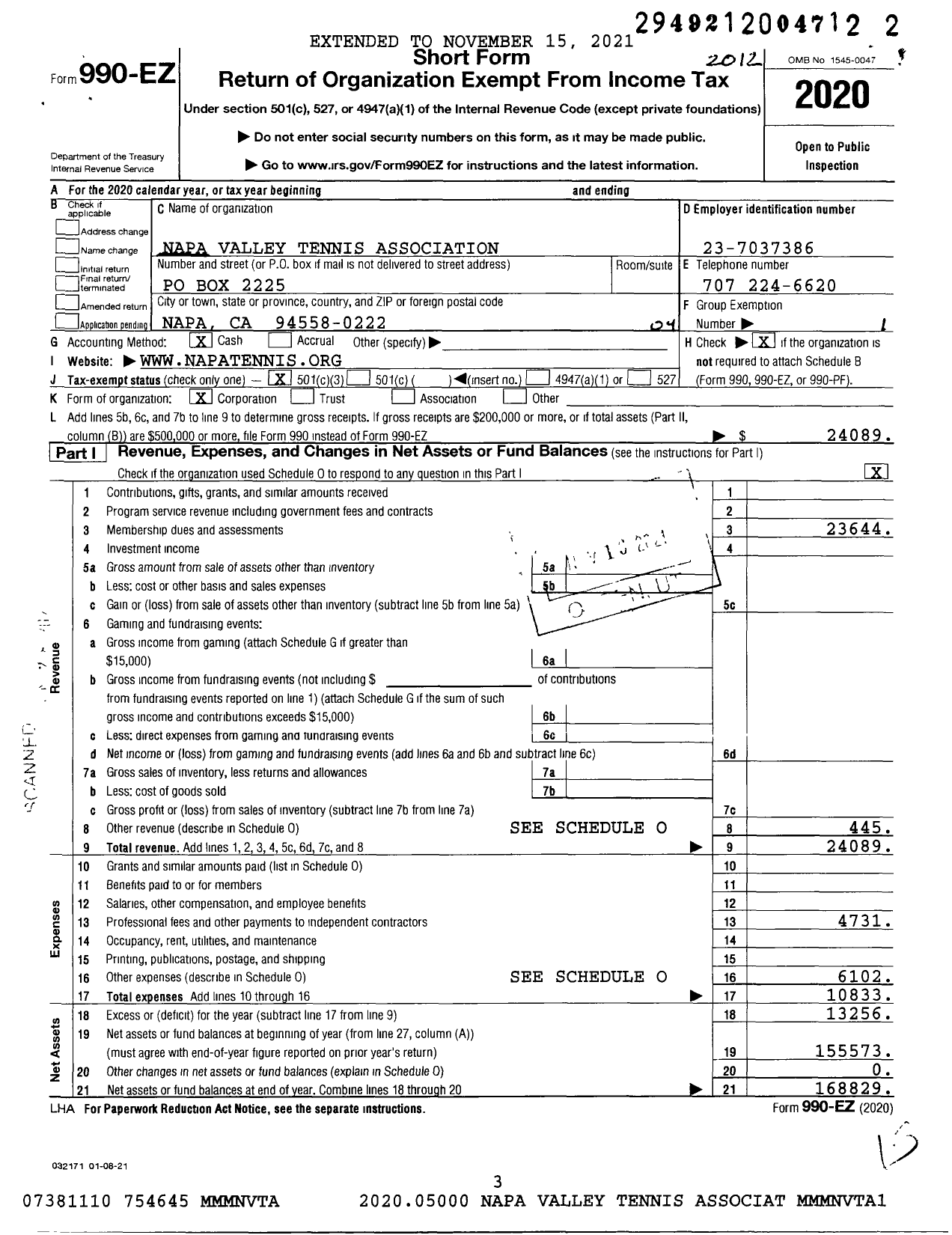 Image of first page of 2020 Form 990EO for Napa Valley Tennis Association