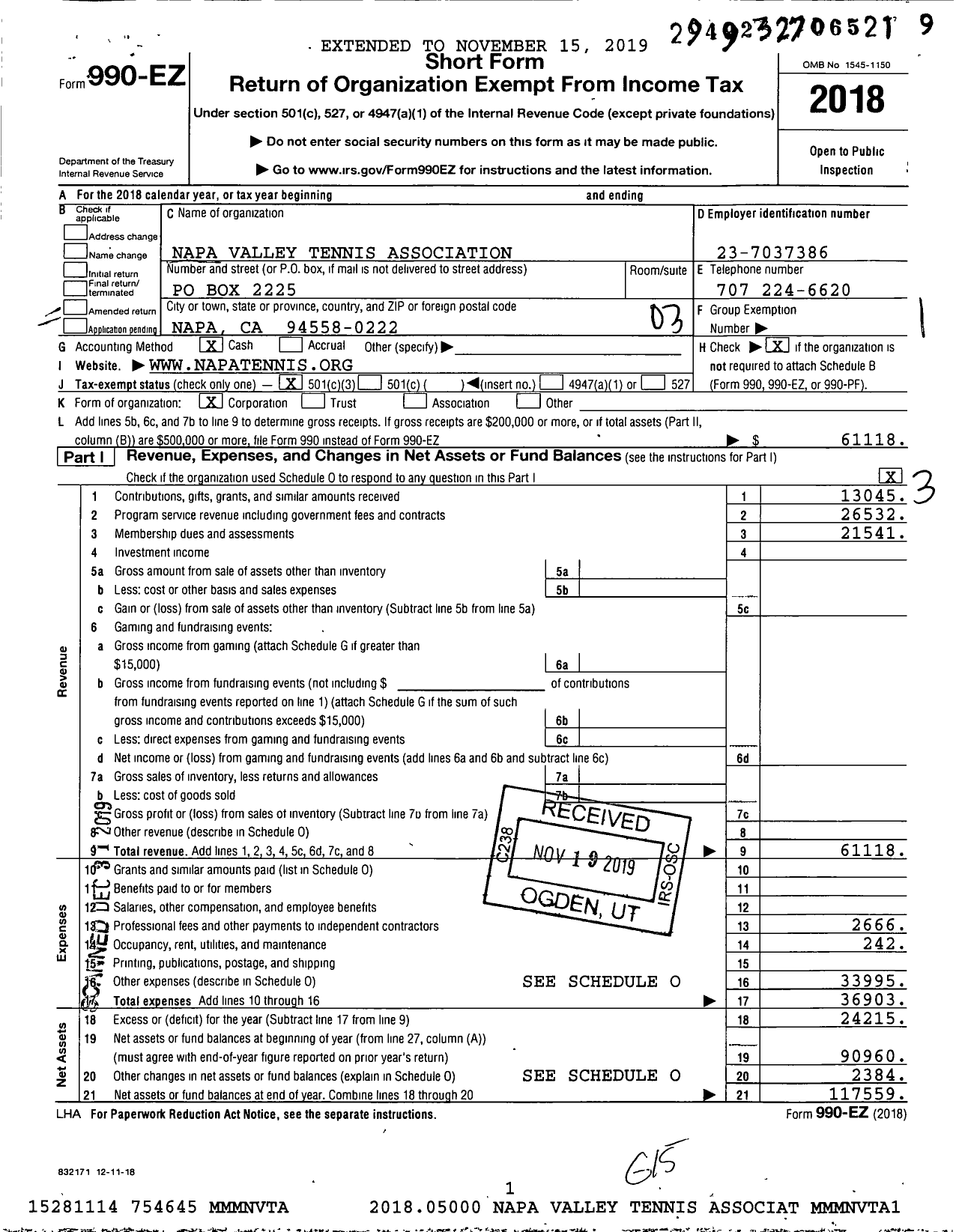 Image of first page of 2018 Form 990EZ for Napa Valley Tennis Association