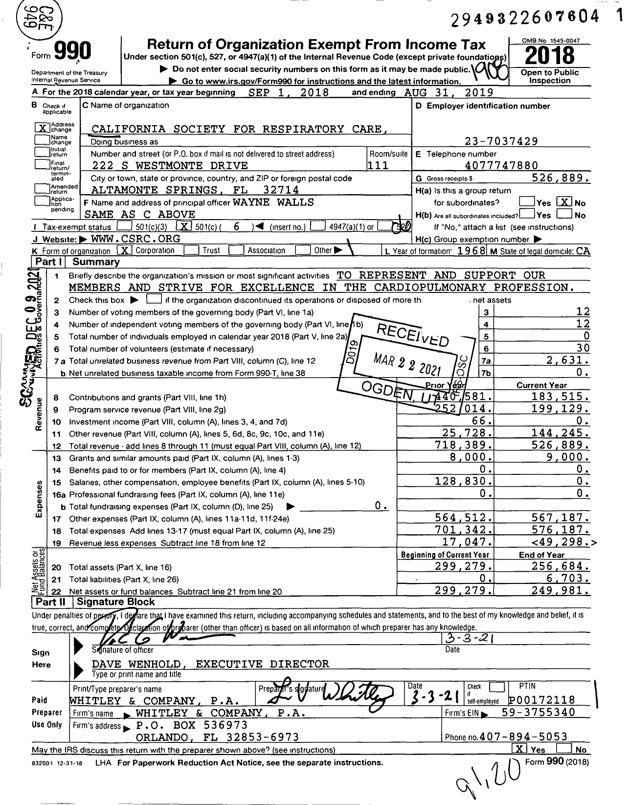 Image of first page of 2018 Form 990O for California Society For Respiratory Care