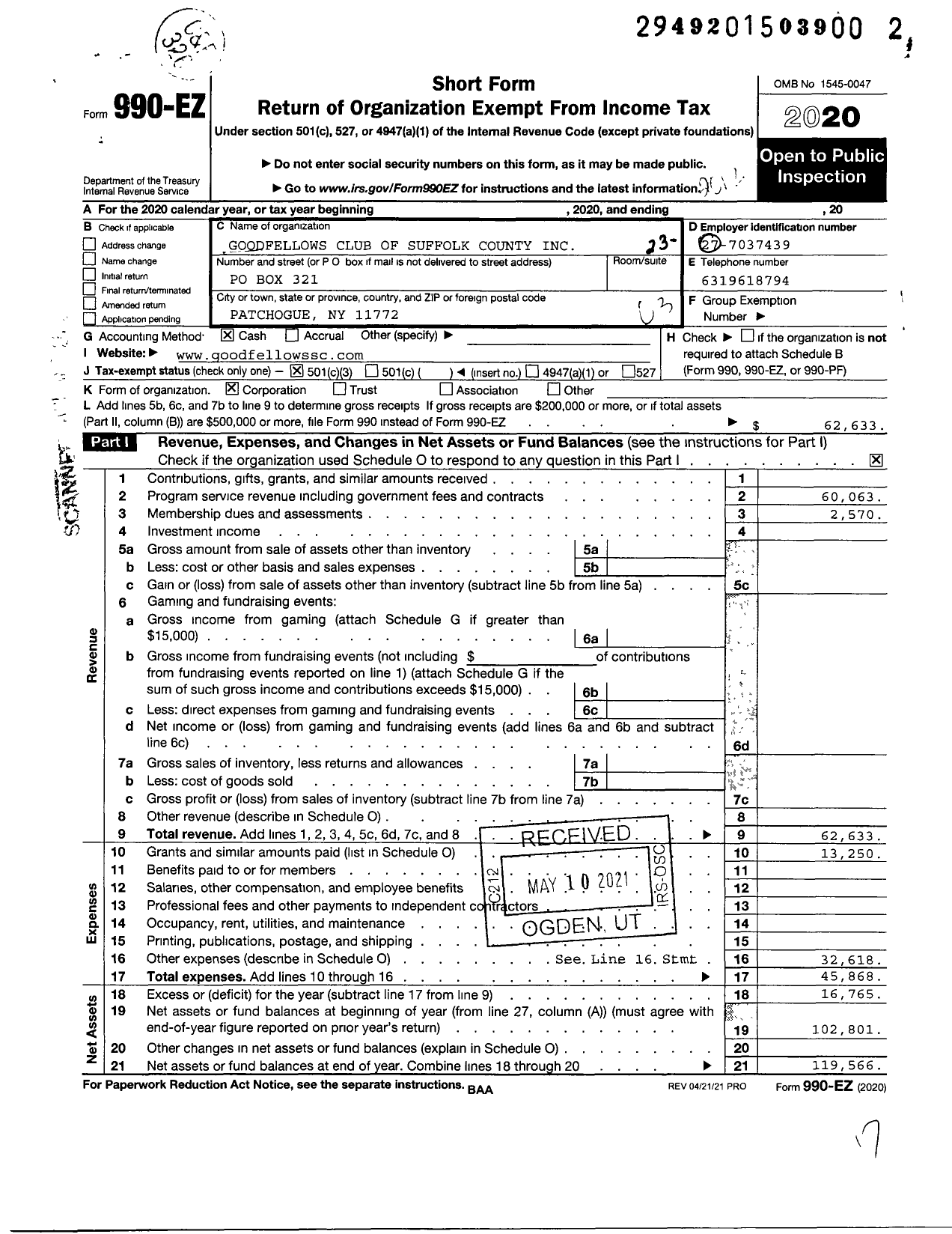 Image of first page of 2020 Form 990EZ for Goodfellows Club of Suffolk County