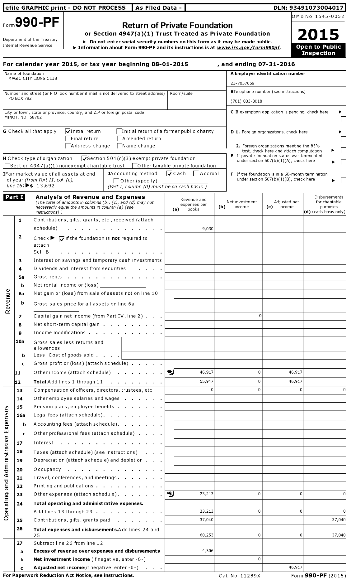 Image of first page of 2015 Form 990PF for Magic City Lions Club