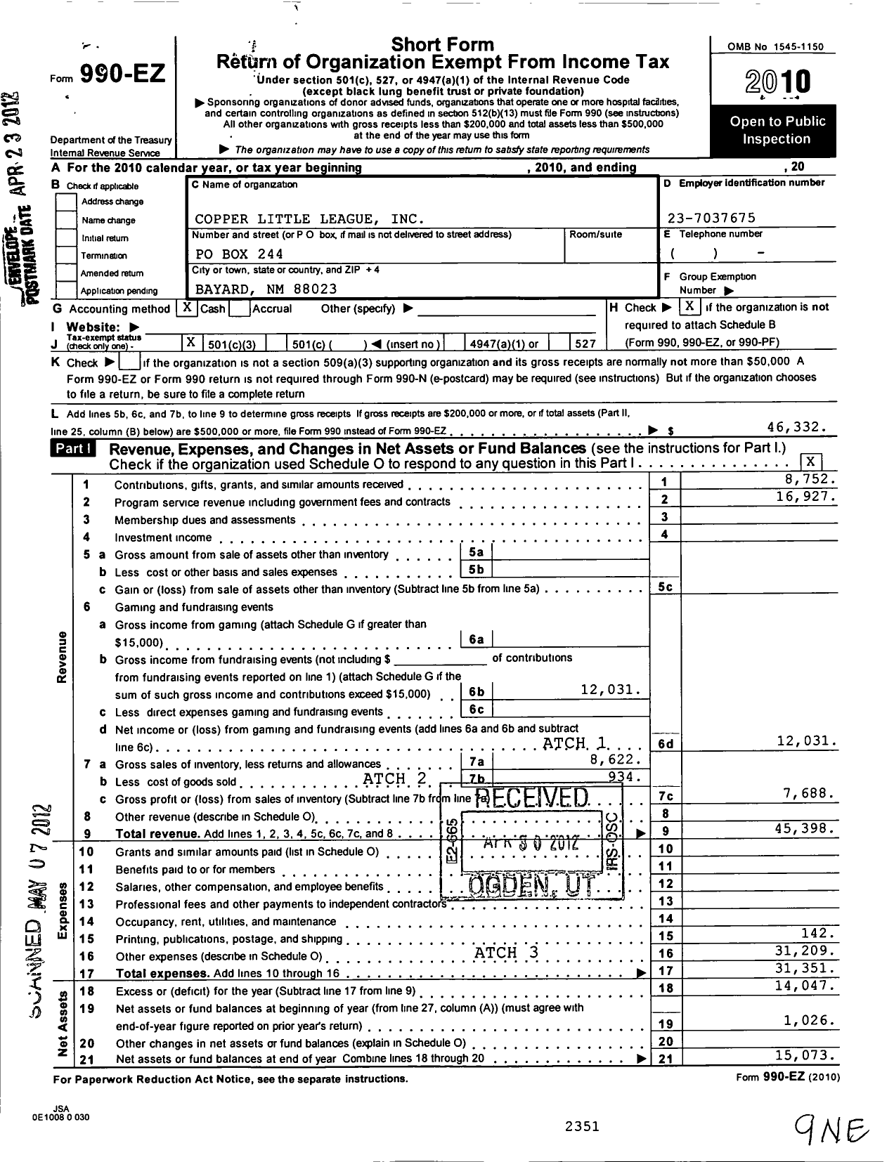 Image of first page of 2010 Form 990EZ for Little League Baseball - 4310701 Copper LL