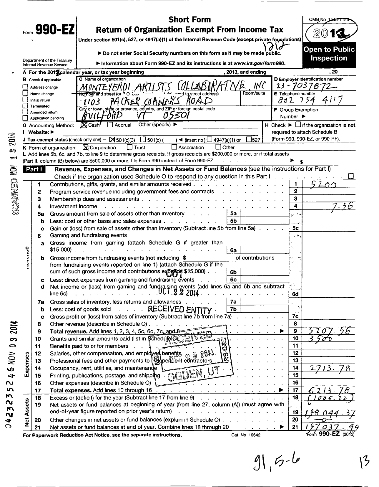 Image of first page of 2012 Form 990EZ for Monteverdi Artists Collaborative