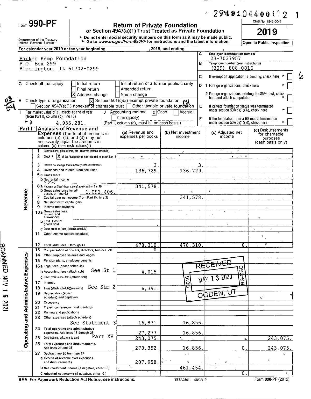 Image of first page of 2019 Form 990PF for Parker Kemp Foundation