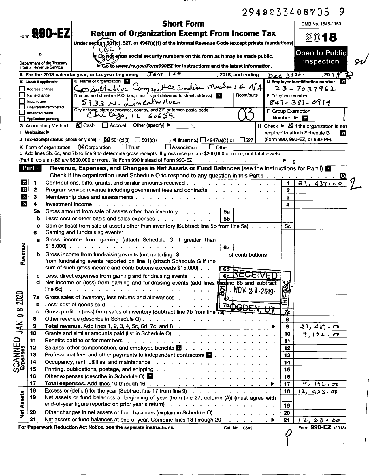 Image of first page of 2018 Form 990EZ for Consultative Committee of Indian Muslims in N A