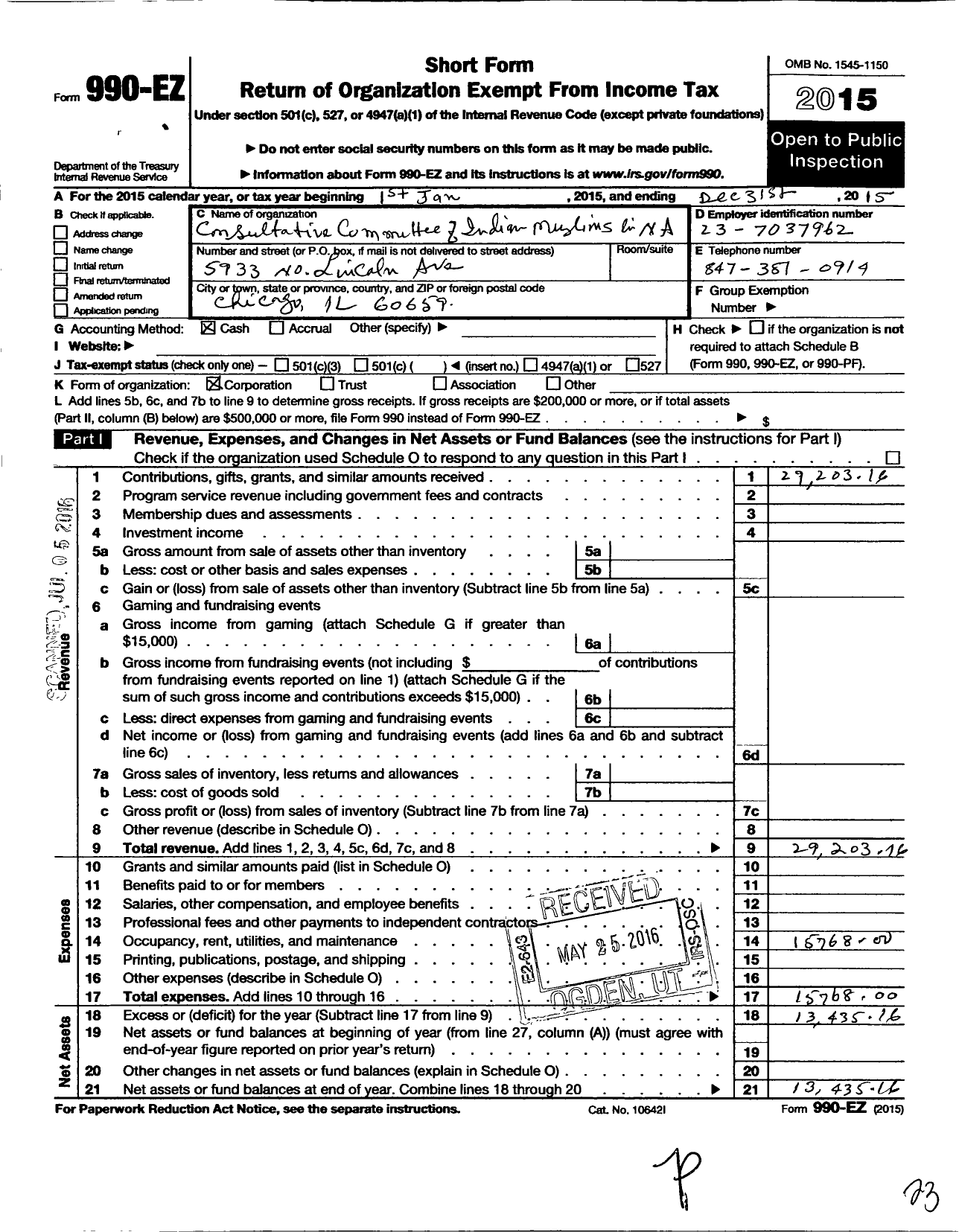 Image of first page of 2015 Form 990EO for Consultative Committee of Indian Muslims in N A