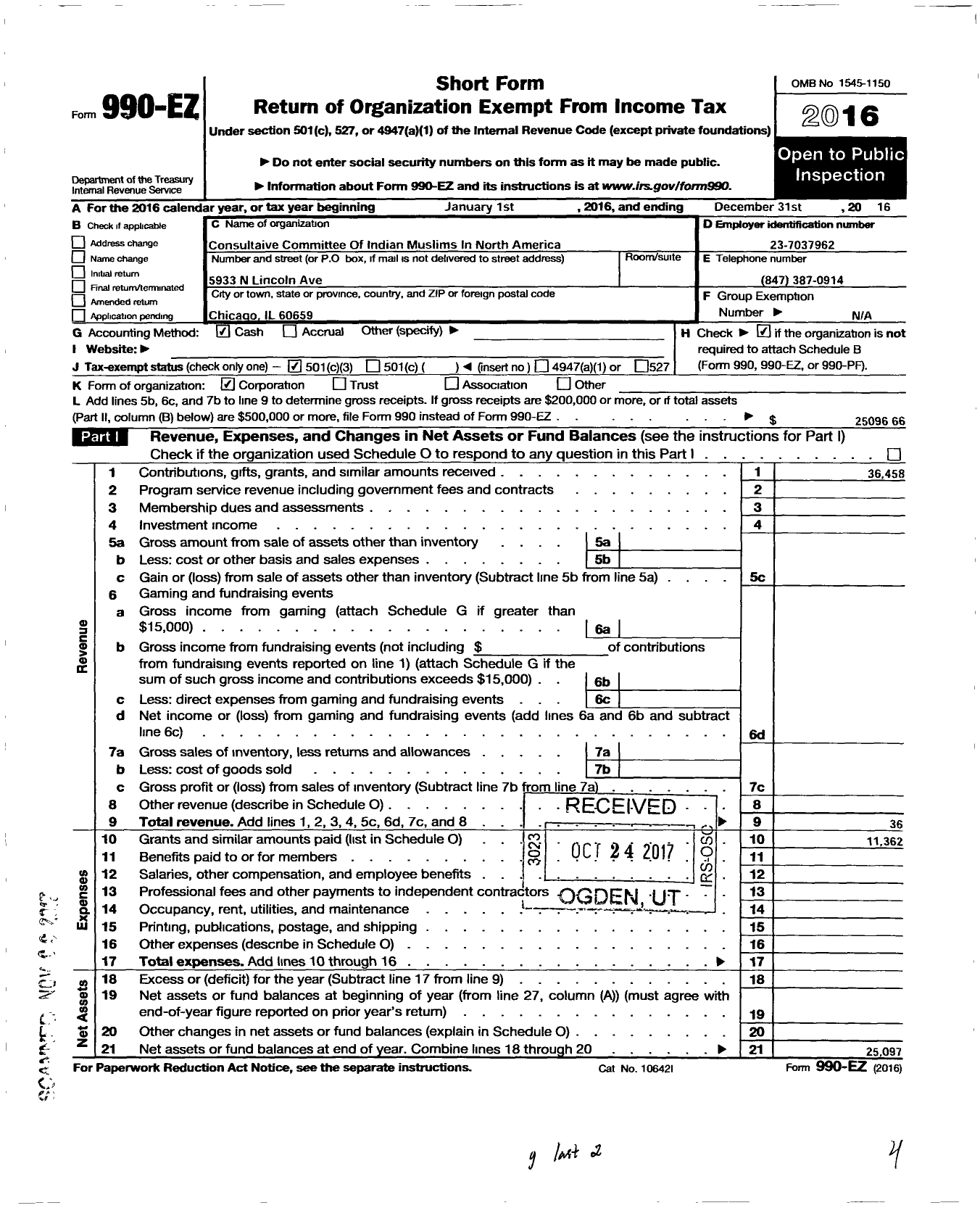 Image of first page of 2016 Form 990EZ for Consultative Committee of Indian Muslims in N A