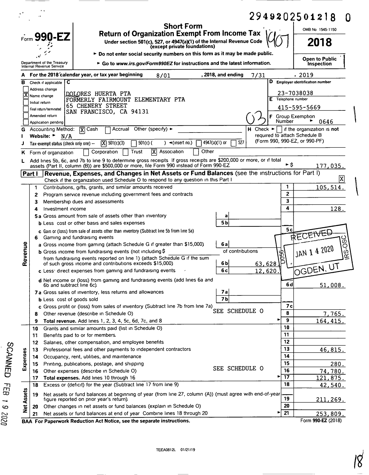 Image of first page of 2018 Form 990EZ for California State PTA - Dolores Huerta Elementary PTA / Dolores Huerta PTA