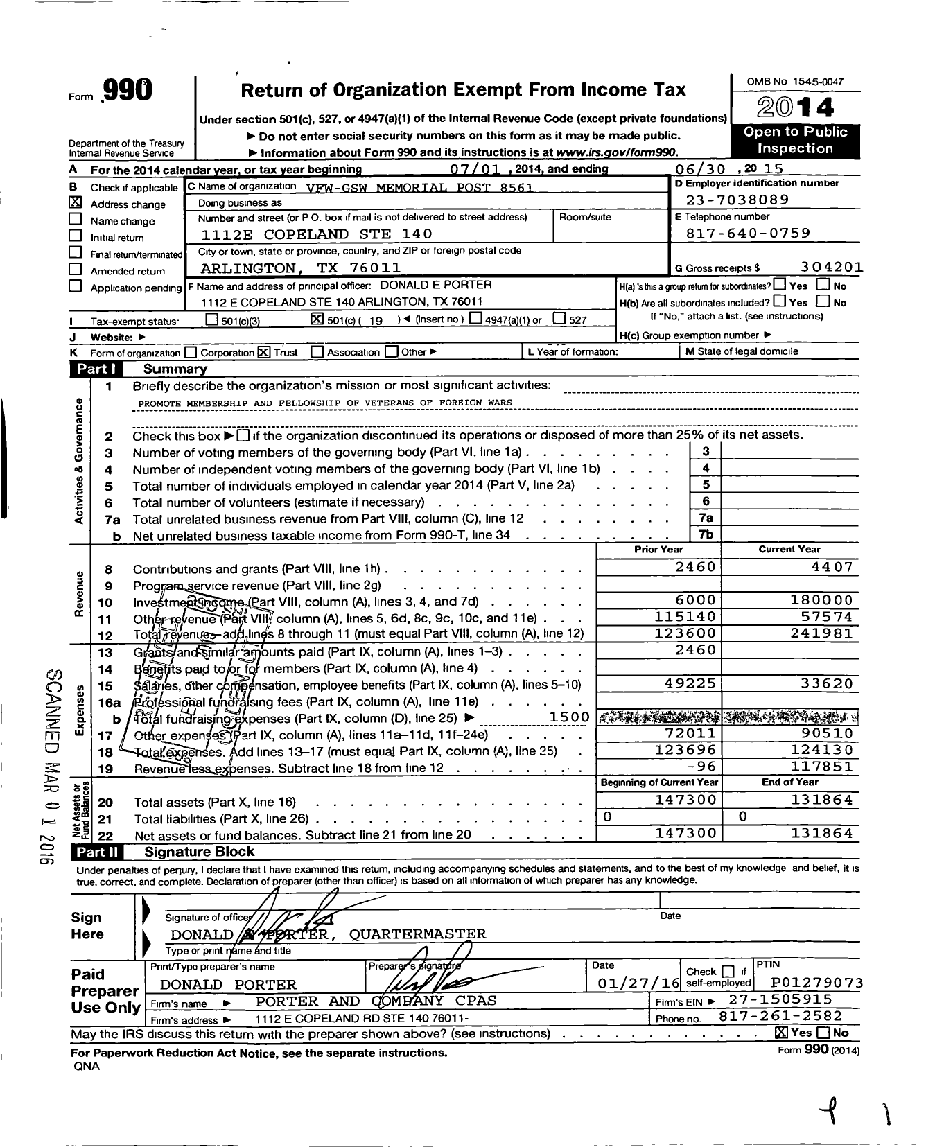 Image of first page of 2014 Form 990O for Texas VFW - 8561 Great Southwest Memorial Post