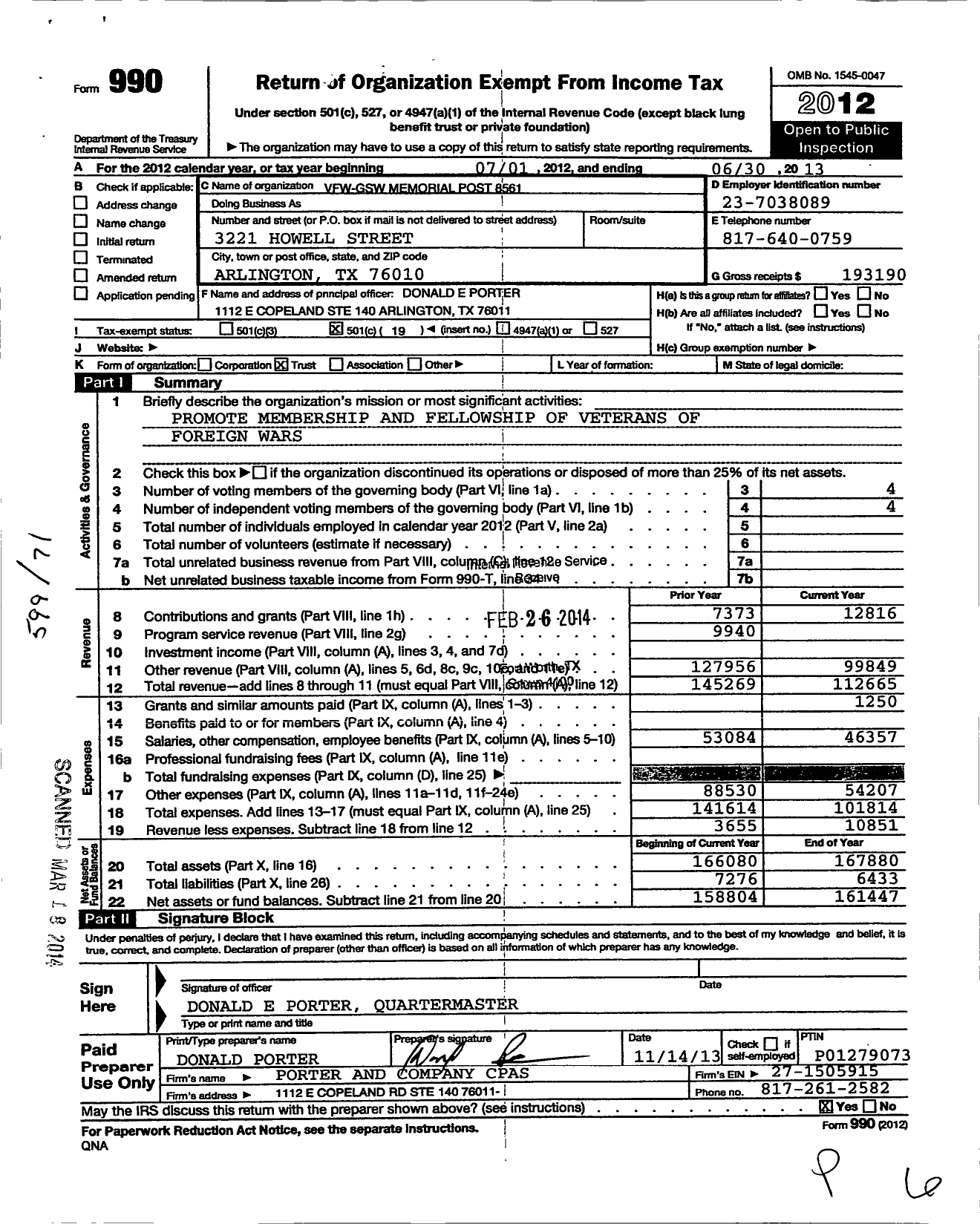 Image of first page of 2012 Form 990O for Texas VFW - 8561 Great Southwest Memorial Post