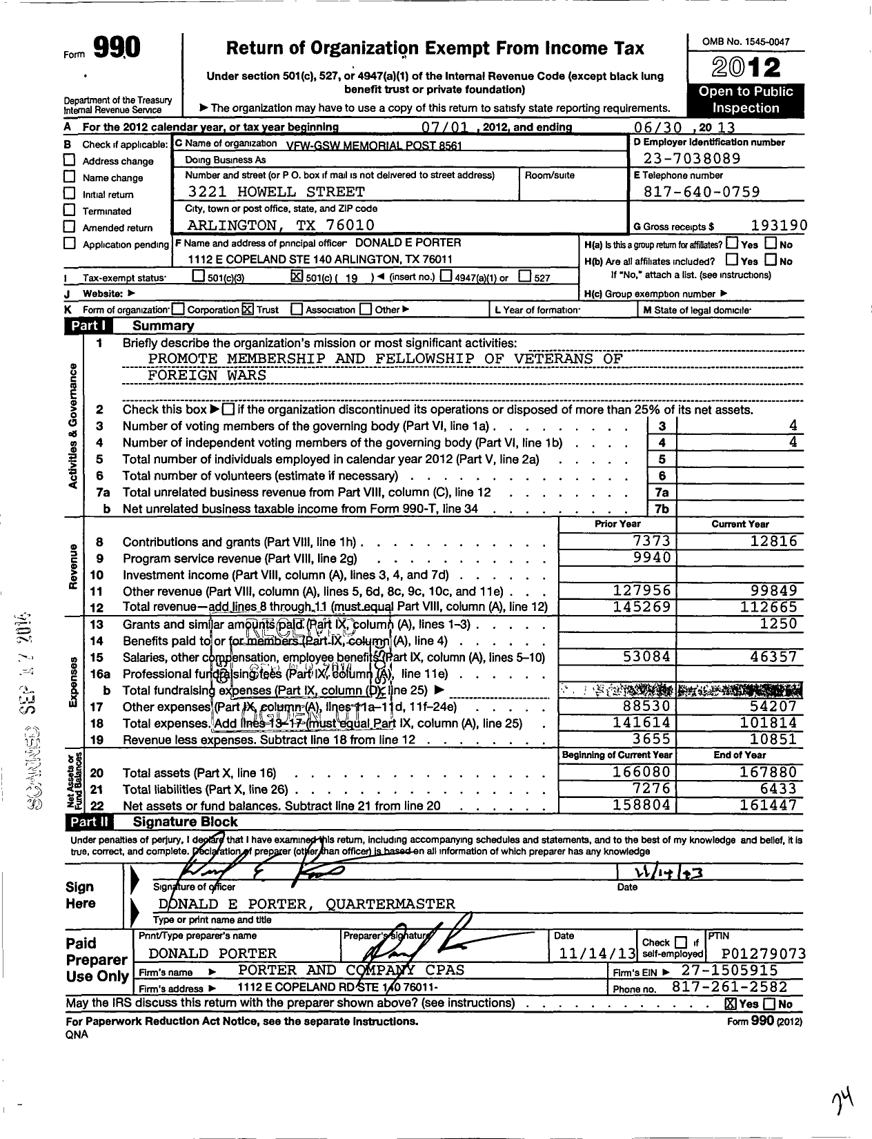 Image of first page of 2012 Form 990O for Texas VFW - 8561 Great Southwest Memorial Post