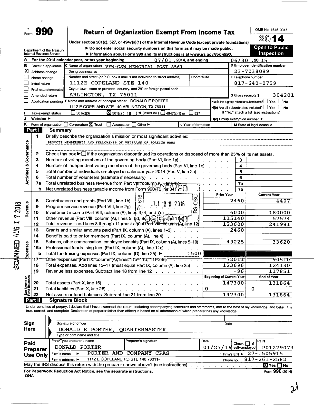 Image of first page of 2014 Form 990O for Texas VFW - 8561 Great Southwest Memorial Post