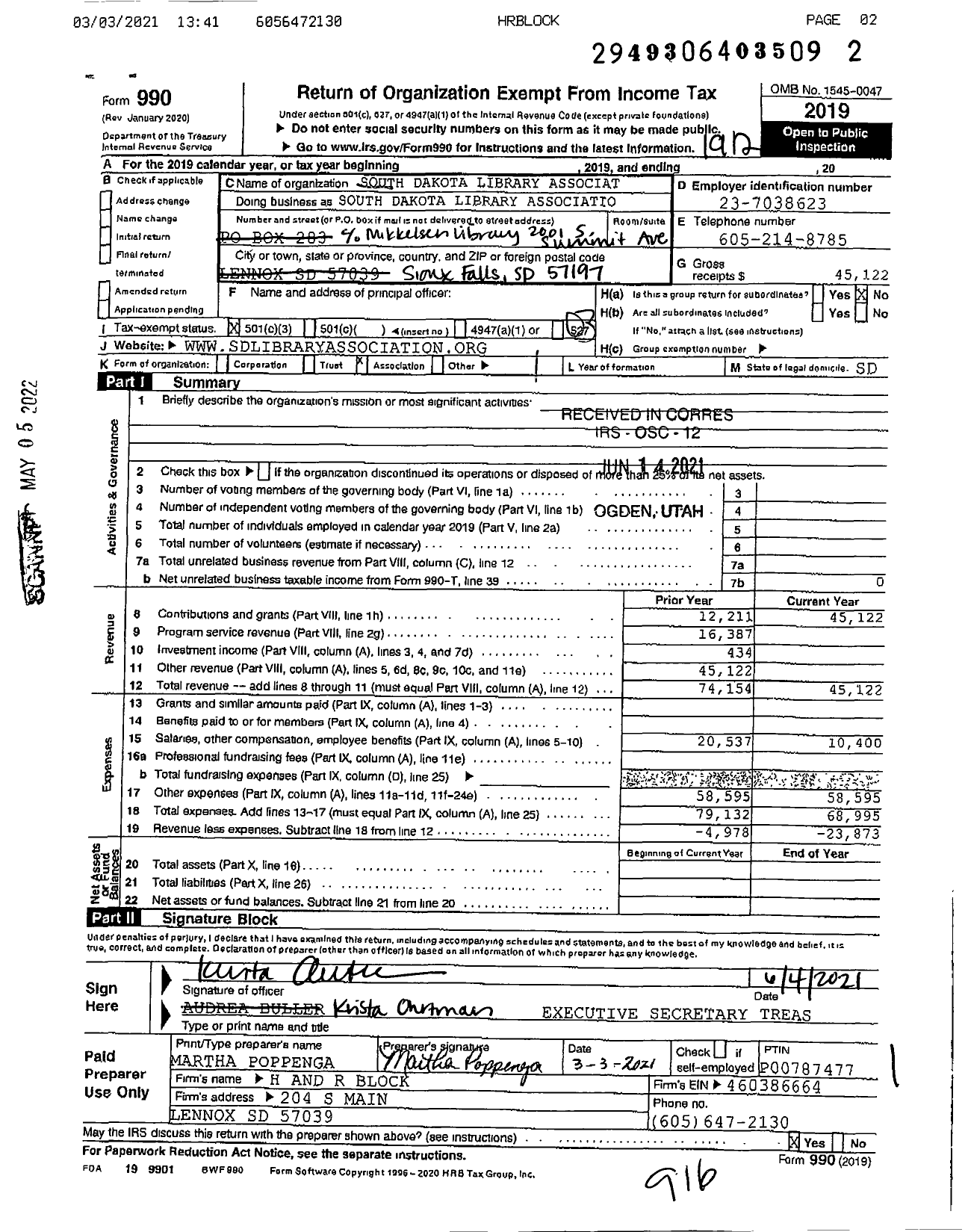 Image of first page of 2019 Form 990 for South Dakota Library Association