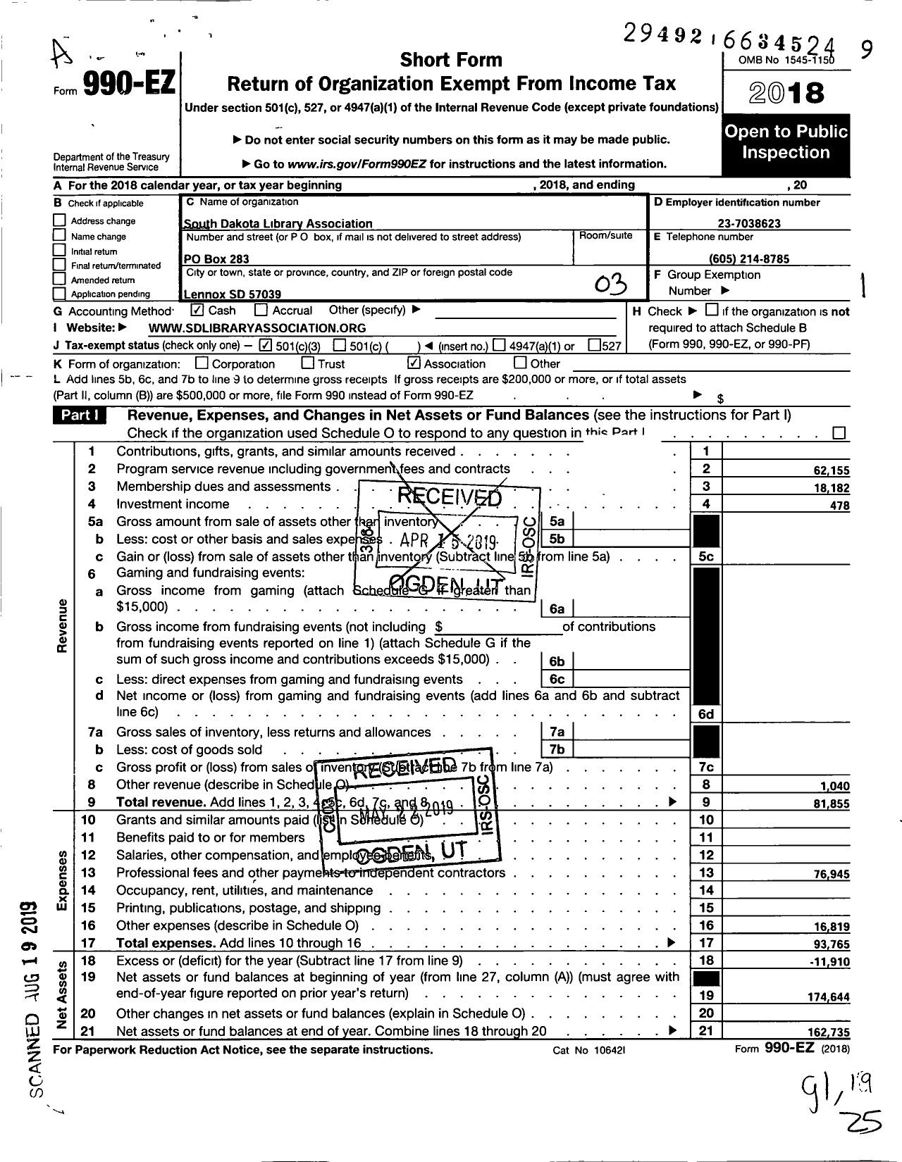 Image of first page of 2018 Form 990EZ for South Dakota Library Association