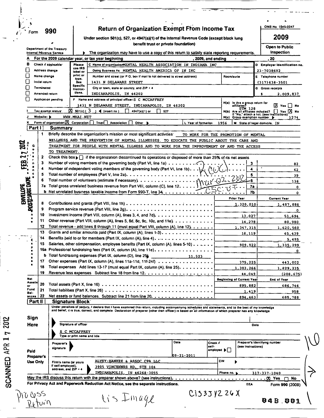 Image of first page of 2009 Form 990 for Mental Health Association in Indiana Group Return
