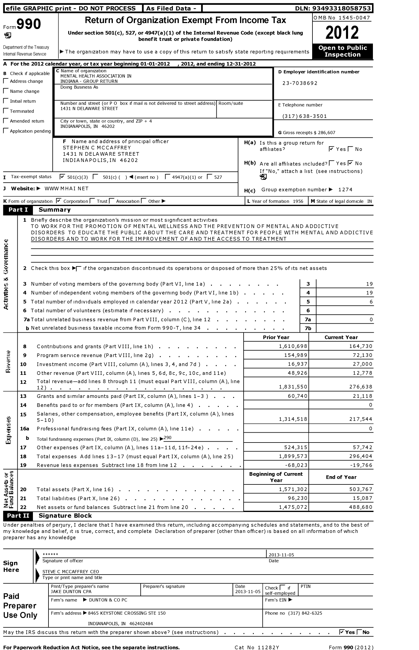 Image of first page of 2012 Form 990 for Mental Health Association in Indiana Group Return