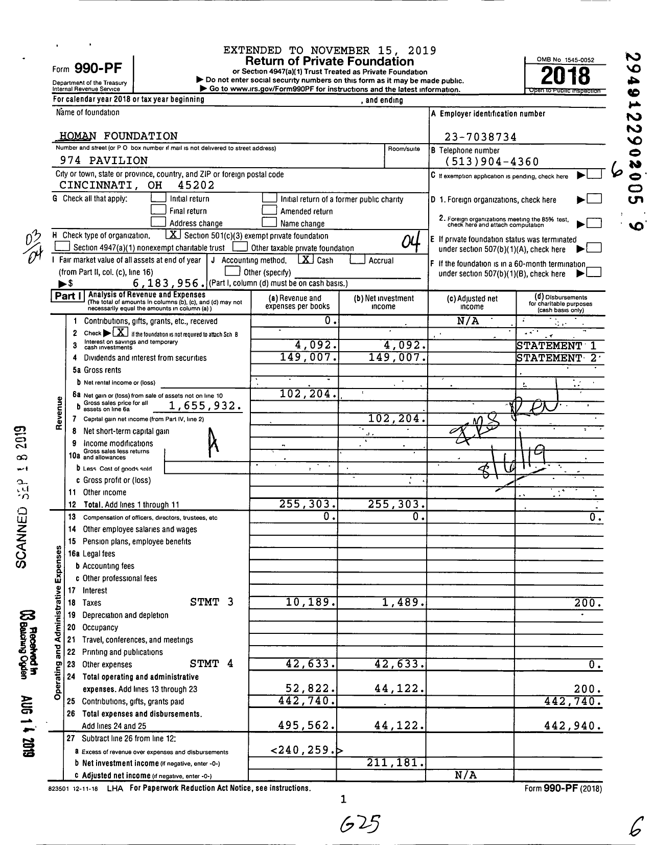 Image of first page of 2018 Form 990PF for Homan Foundation