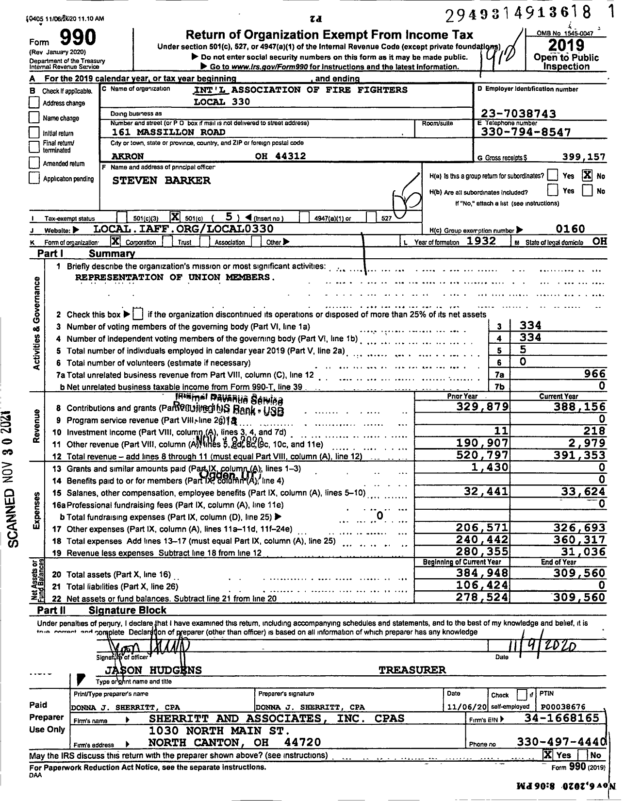 Image of first page of 2019 Form 990O for International Association of Fire Fighters - L0330 Akron