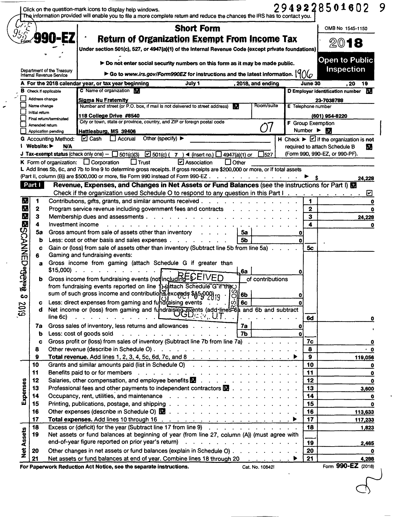 Image of first page of 2018 Form 990EO for Sigma Nu Fraternity - Theta Gamma