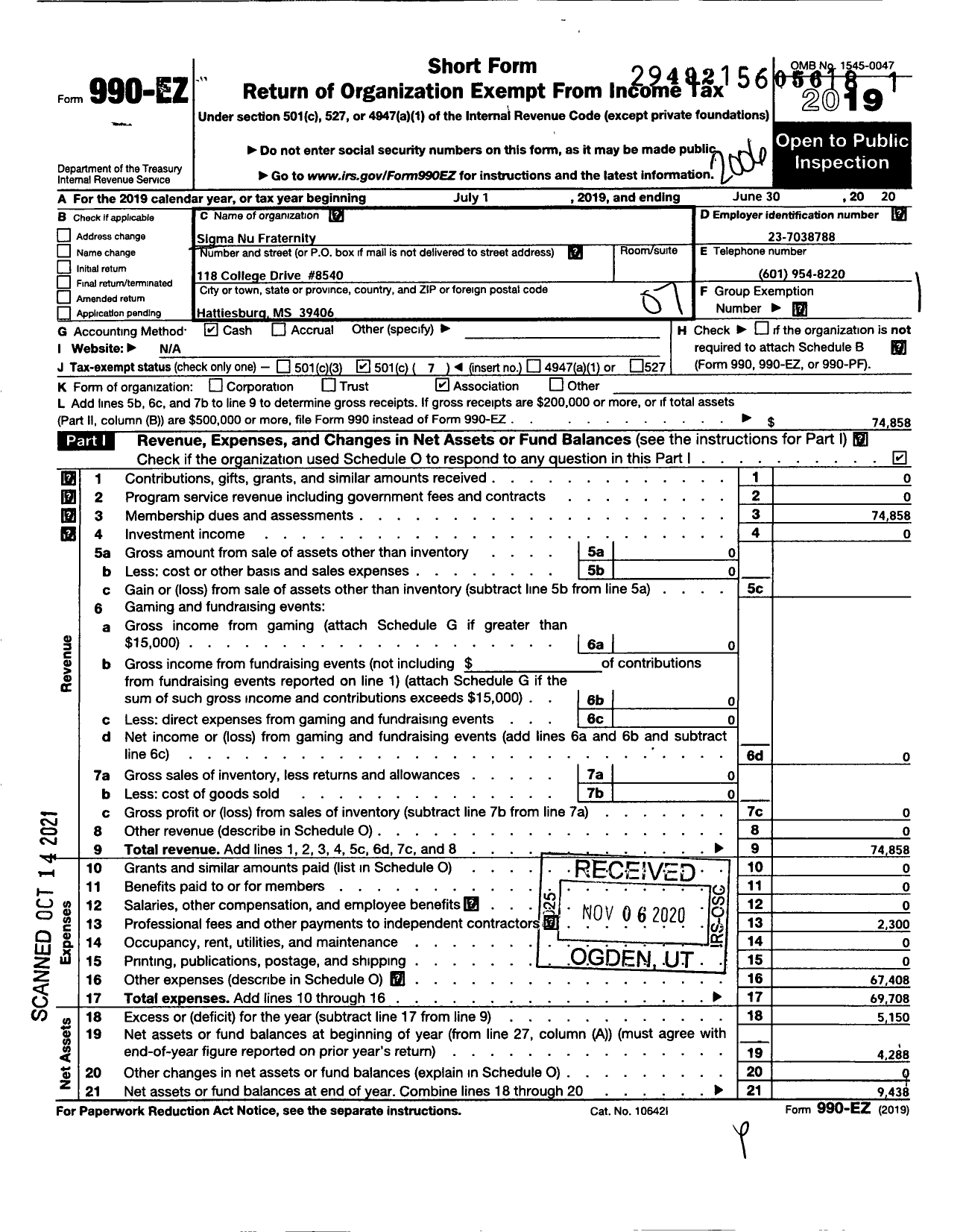 Image of first page of 2019 Form 990EO for Sigma Nu Fraternity - Theta Gamma