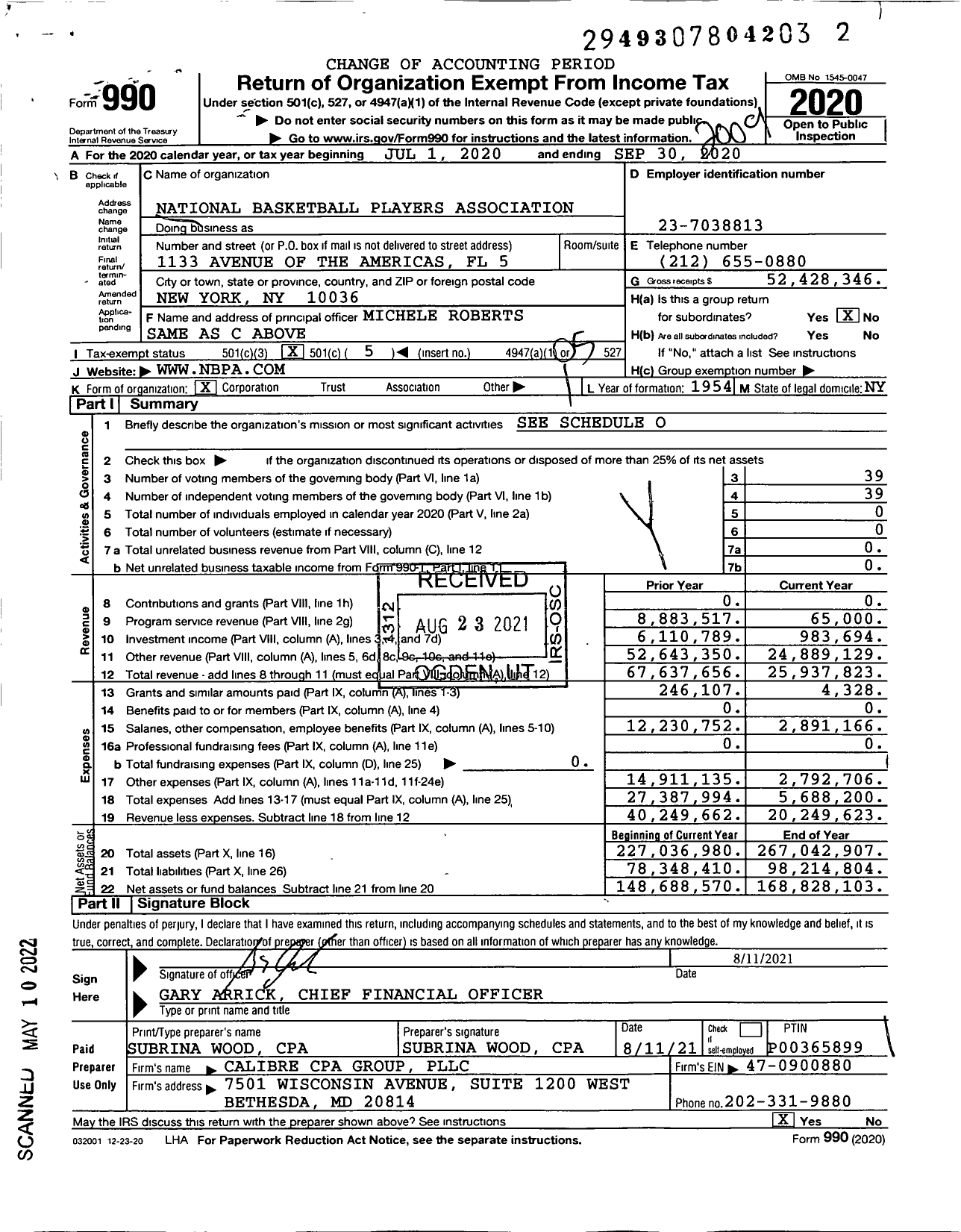 Image of first page of 2019 Form 990O for National Basketball Players Association (NBPA)