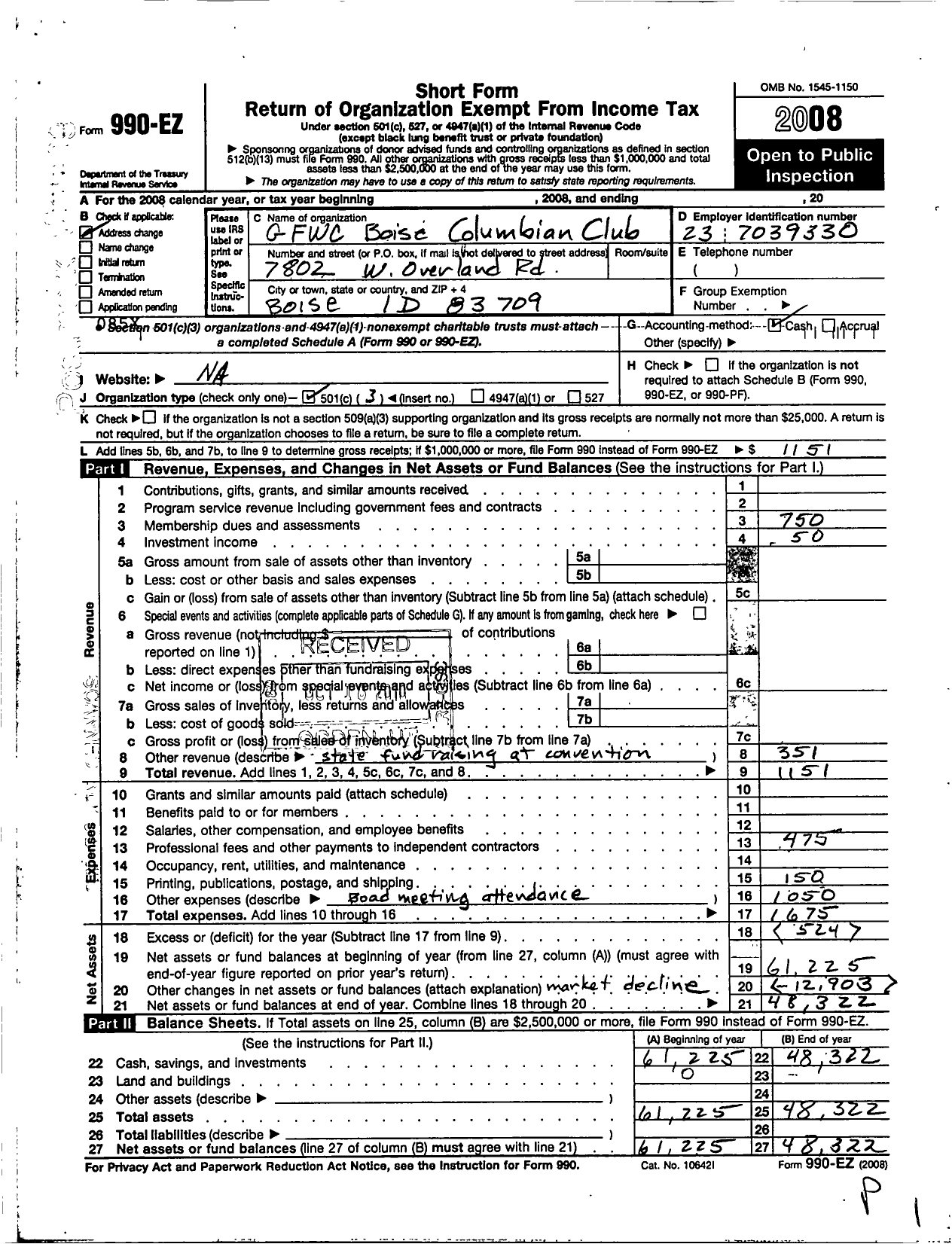 Image of first page of 2008 Form 990EZ for General Federation of Womens Clubs / GFWC Boise Columbian Club