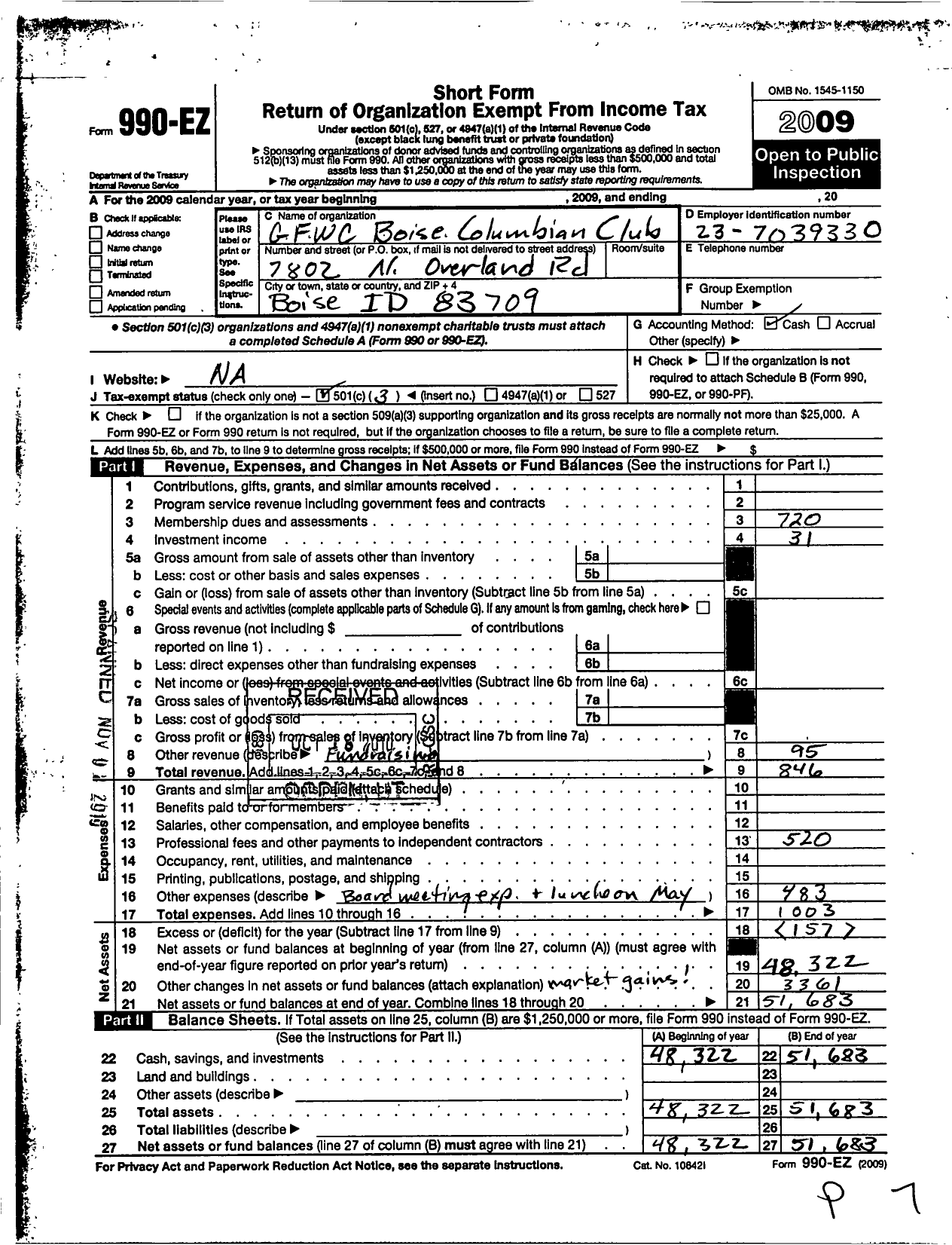 Image of first page of 2009 Form 990EZ for General Federation of Womens Clubs / GFWC Boise Columbian Club