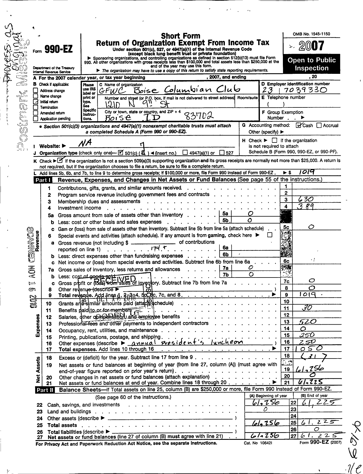 Image of first page of 2007 Form 990EO for General Federation of Womens Clubs / GFWC Boise Columbian Club