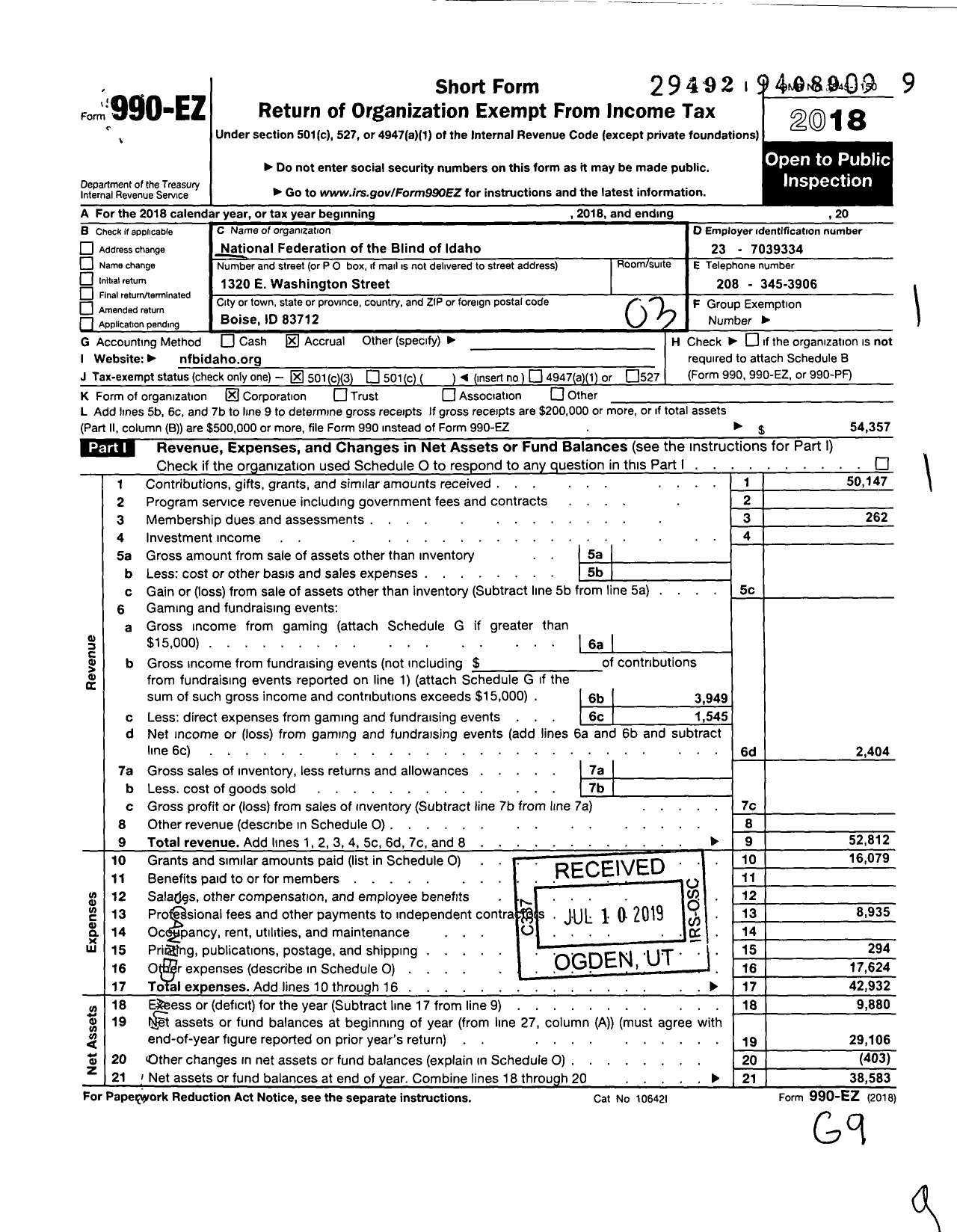 Image of first page of 2018 Form 990EZ for National Federation of the Blind of Idaho