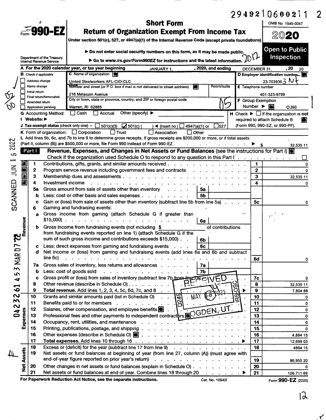 Image of first page of 2020 Form 990EO for United Steelworkers - 14845 Local