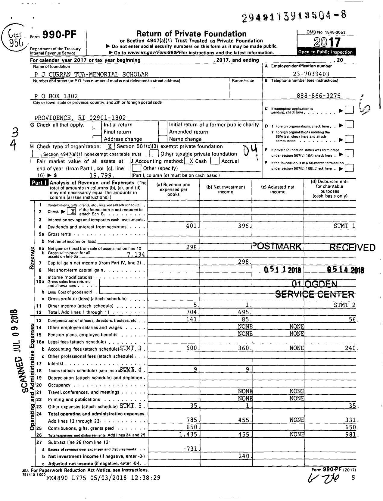 Image of first page of 2017 Form 990PF for P J Curran Tua-Memorial Scholar