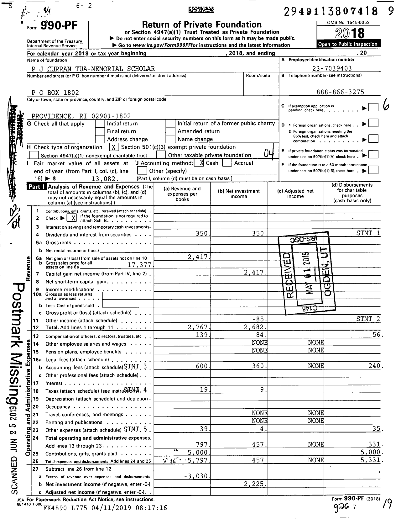 Image of first page of 2018 Form 990PF for P J Curran Tua-Memorial Scholar