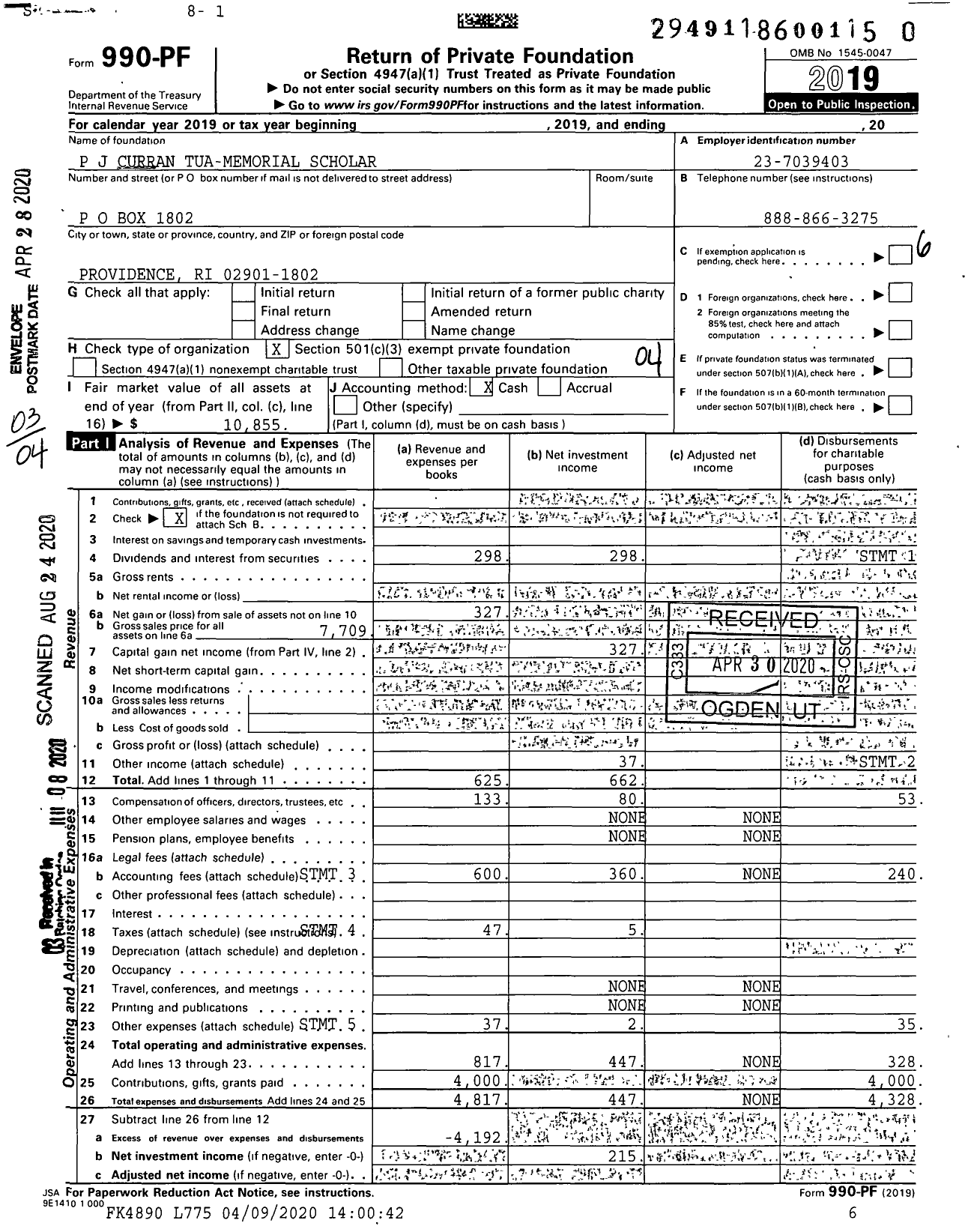 Image of first page of 2019 Form 990PR for P J Curran Tua-Memorial Scholar