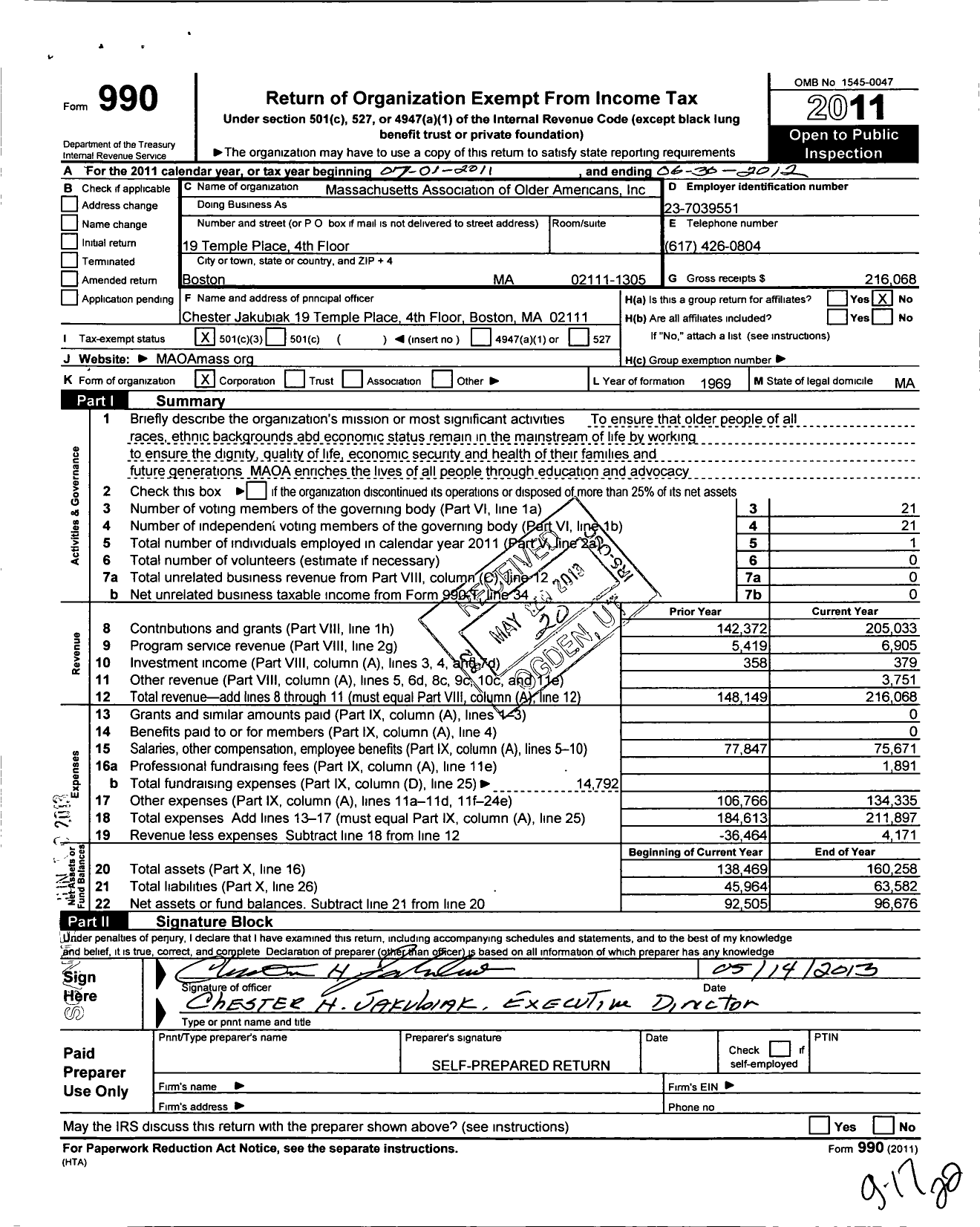 Image of first page of 2011 Form 990 for Massachusetts Association of Older Americans