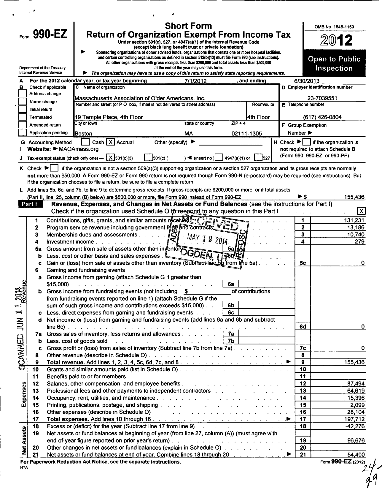 Image of first page of 2012 Form 990EZ for Massachusetts Association of Older Americans