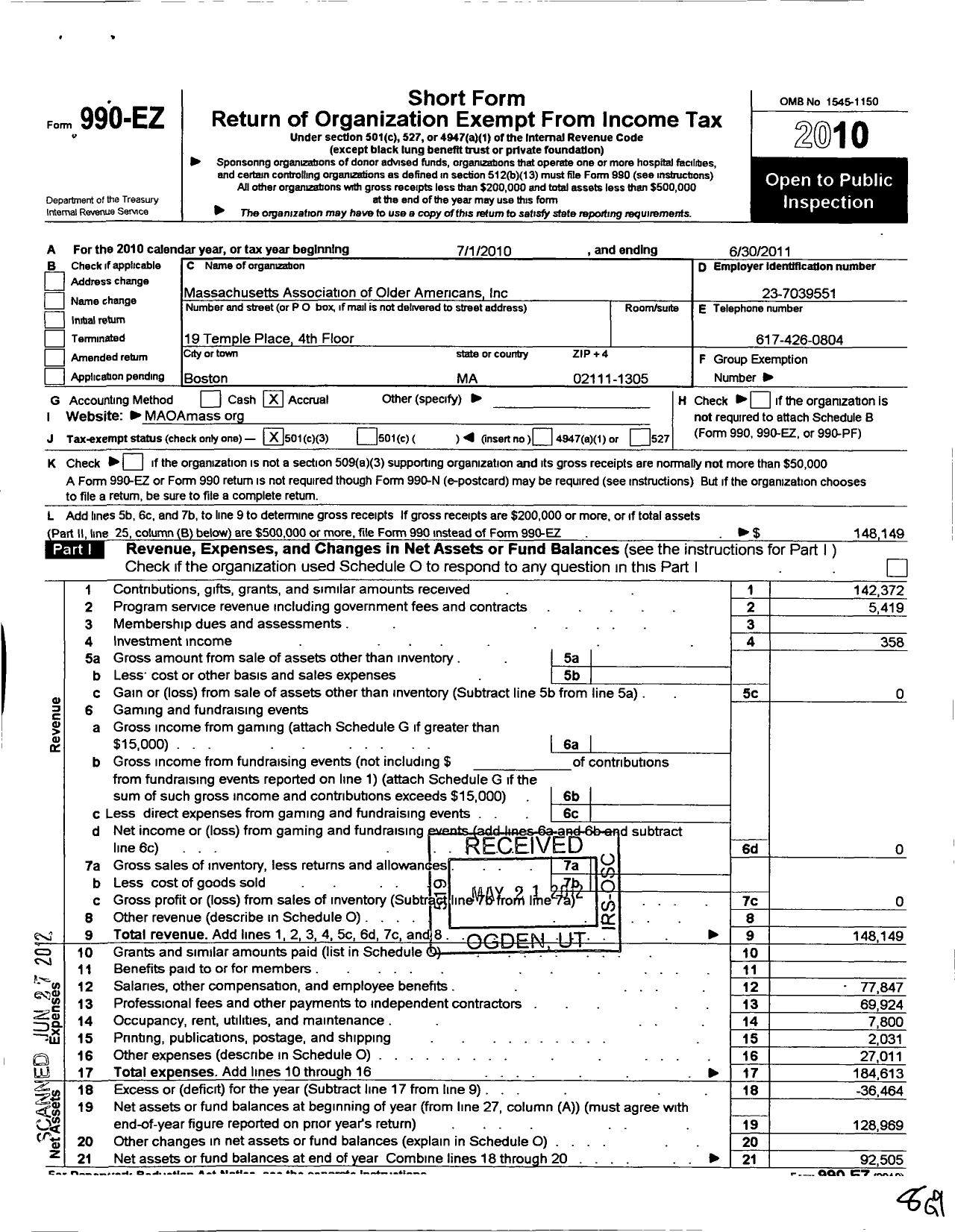 Image of first page of 2010 Form 990EZ for Massachusetts Association of Older Americans