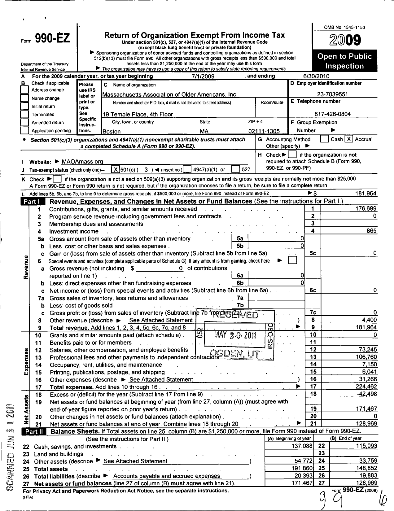 Image of first page of 2009 Form 990EZ for Massachusetts Association of Older Americans