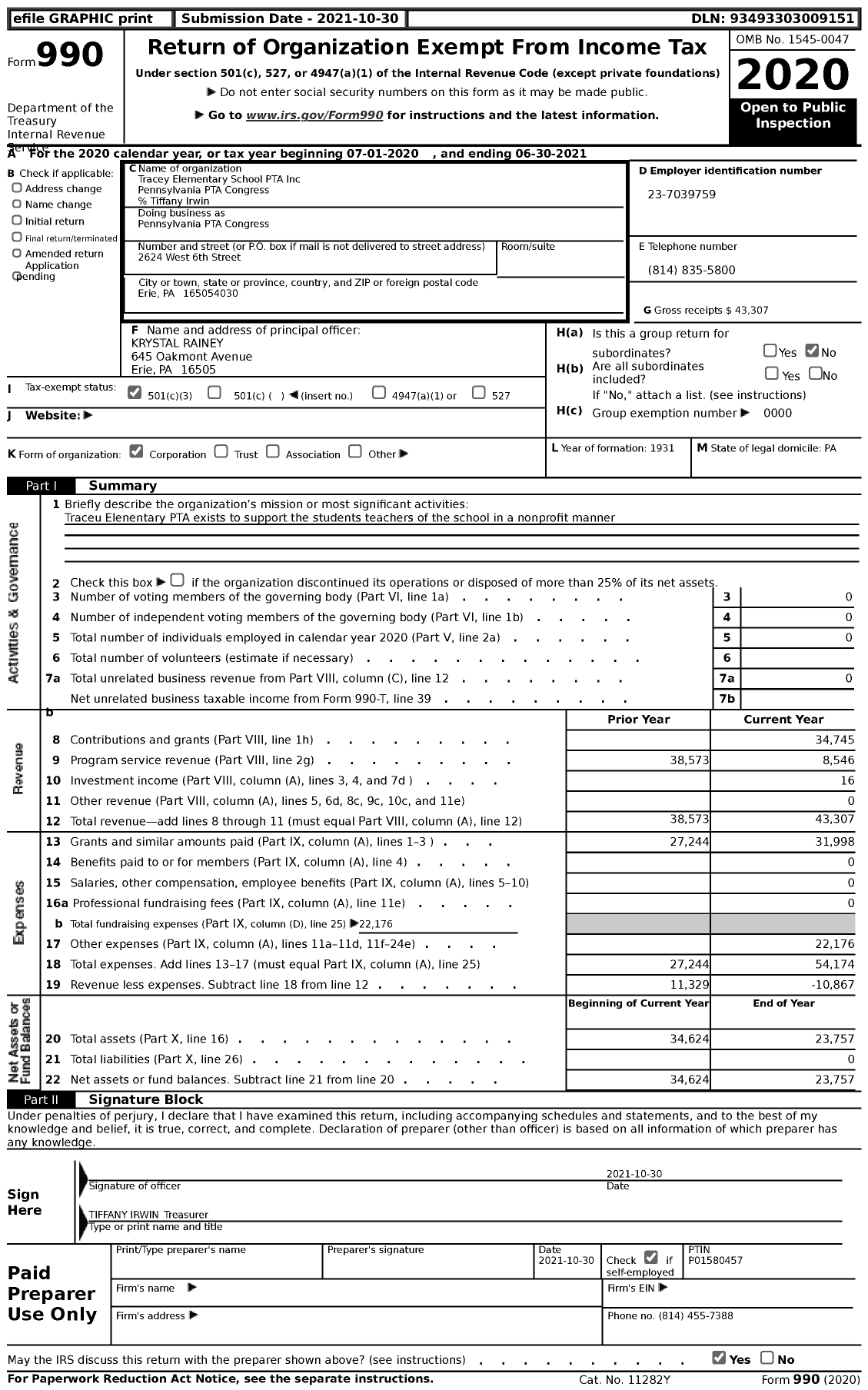 Image of first page of 2020 Form 990 for Tracy Elementary School PTA