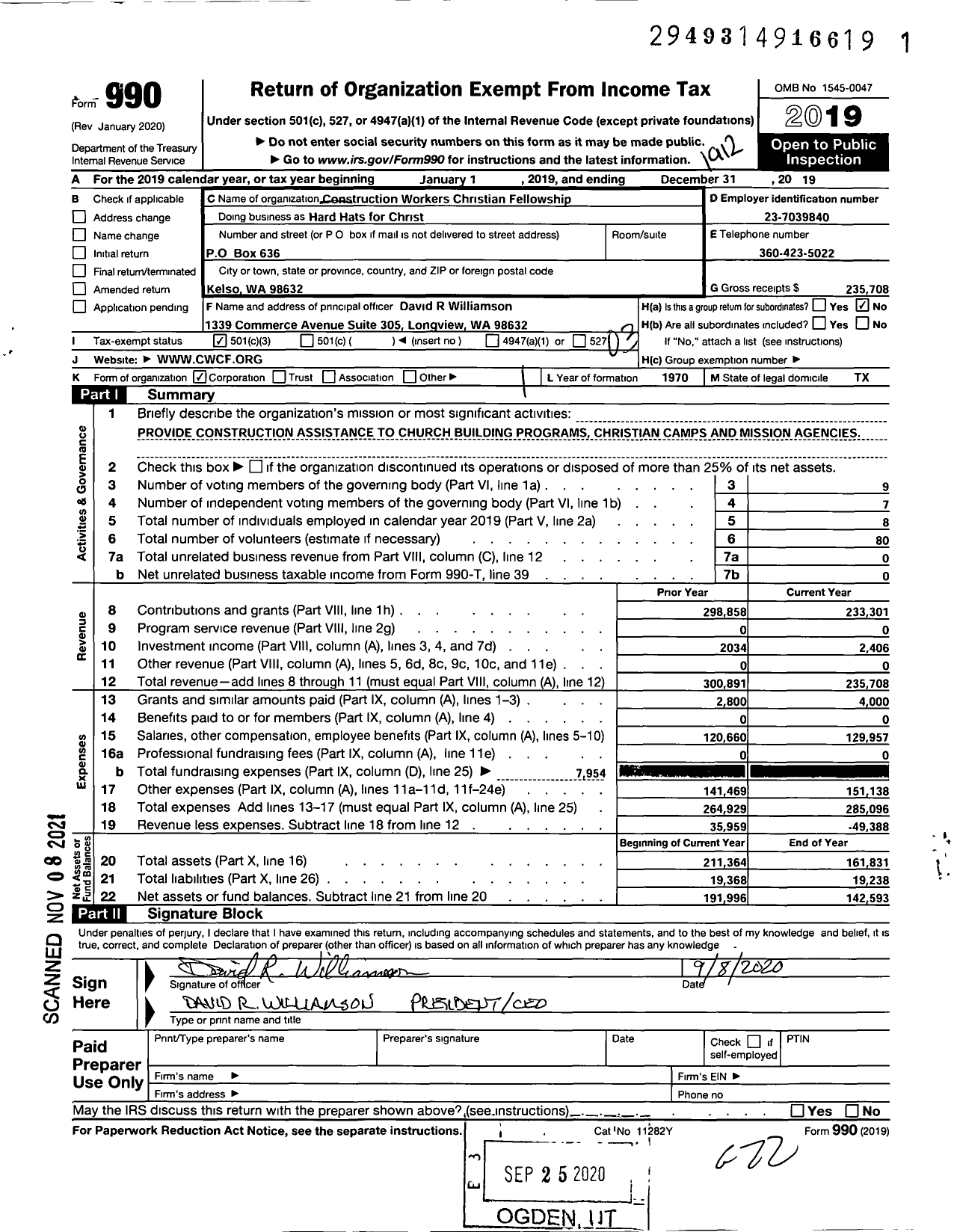 Image of first page of 2019 Form 990 for Construction Workers Christian Fellowship