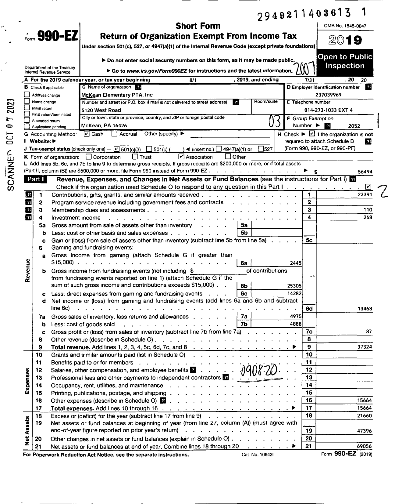 Image of first page of 2019 Form 990EZ for PTA PENNSYLVANIA CONGRESS McKean Elementary PTA