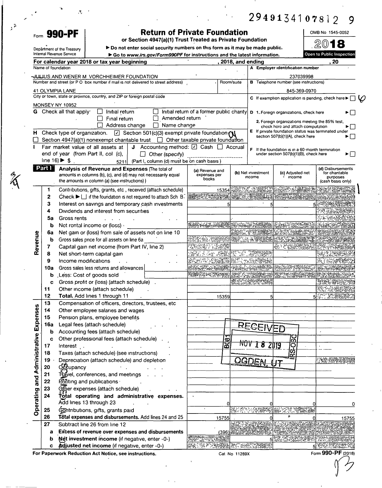 Image of first page of 2018 Form 990PF for Julius and Werner M Vorchheimer Foundation