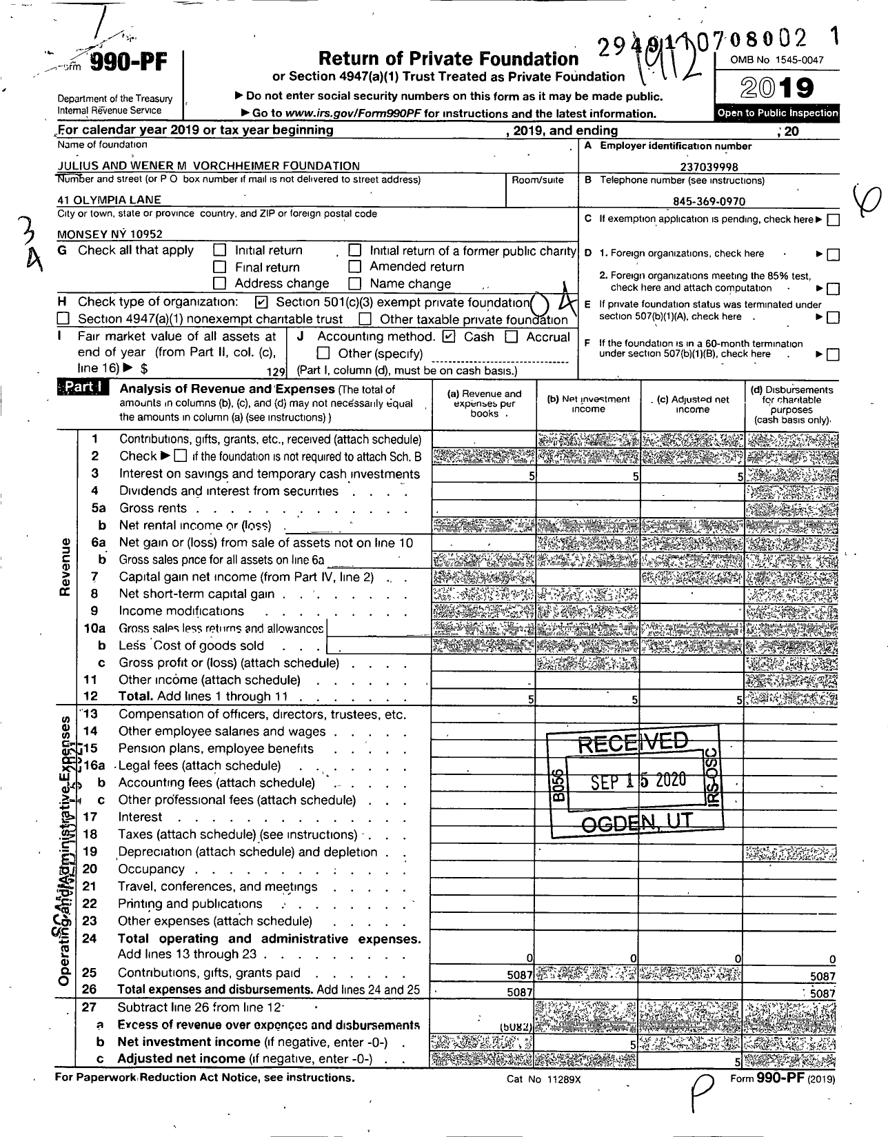 Image of first page of 2019 Form 990PF for Julius and Werner M Vorchheimer Foundation