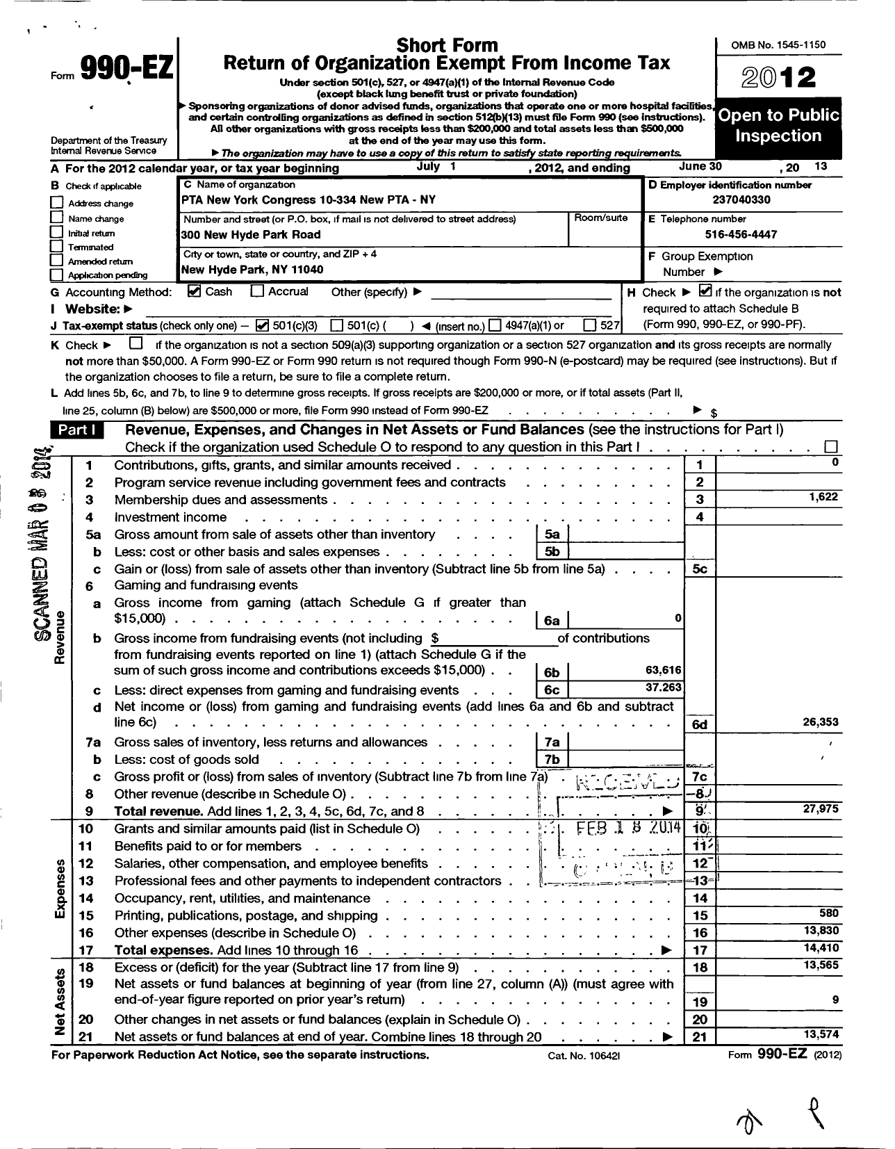 Image of first page of 2012 Form 990EZ for New York State PTA - 10-334 New Hyde Park Rd School PTA