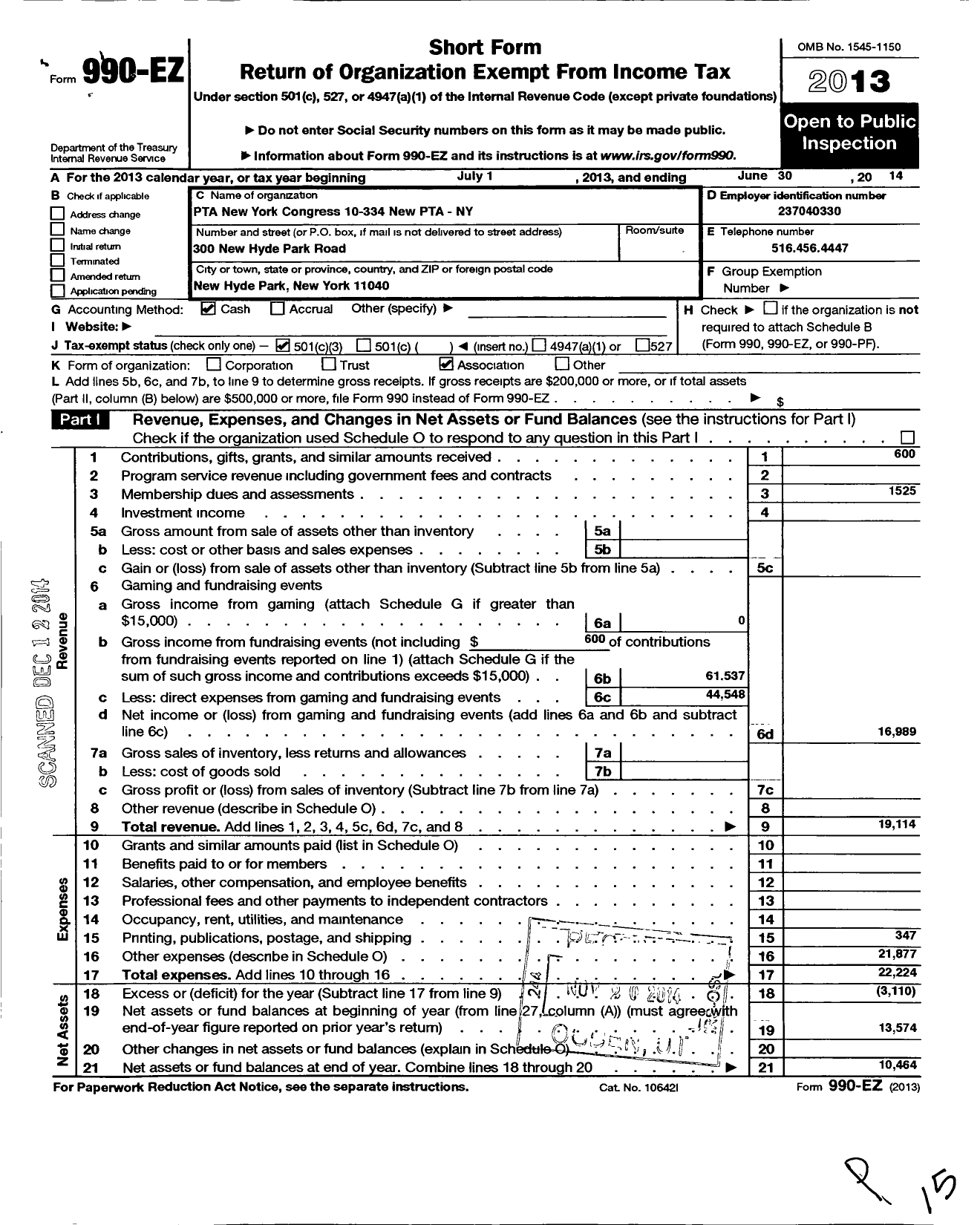 Image of first page of 2013 Form 990EZ for New York State PTA - 10-334 New Hyde Park Rd School PTA