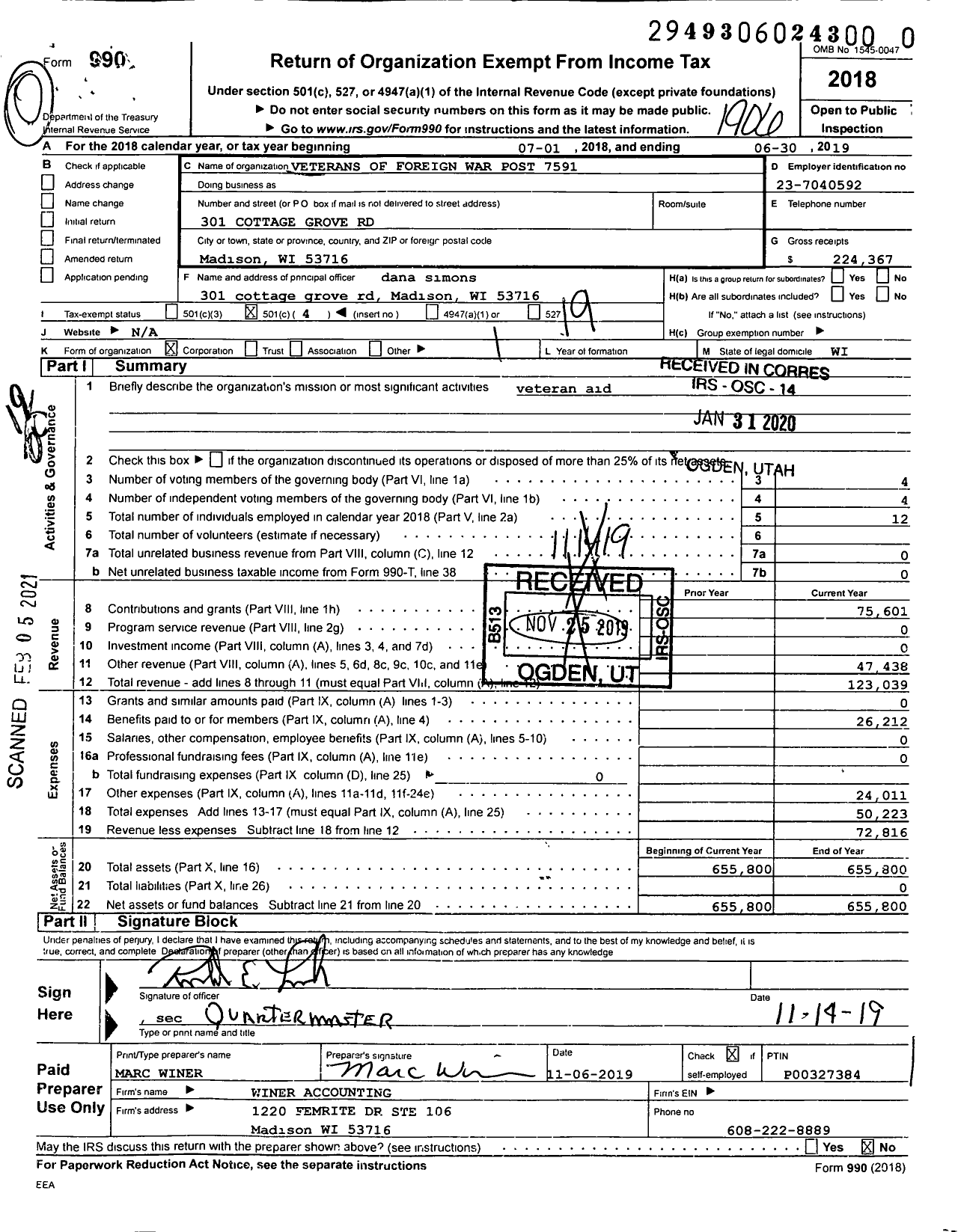 Image of first page of 2018 Form 990O for VFW Wi - VFW Post 7591