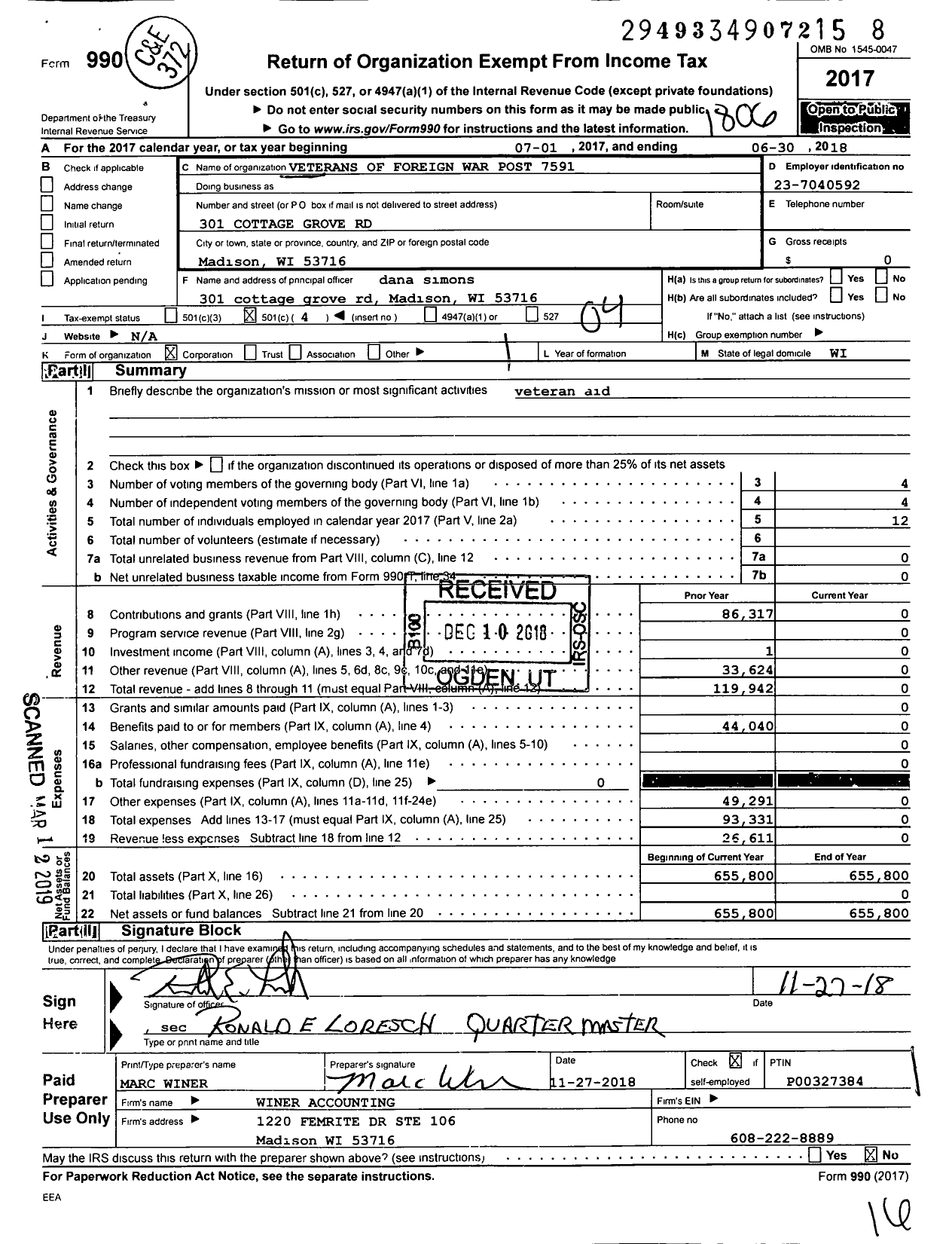 Image of first page of 2017 Form 990O for VFW Wi - VFW Post 7591